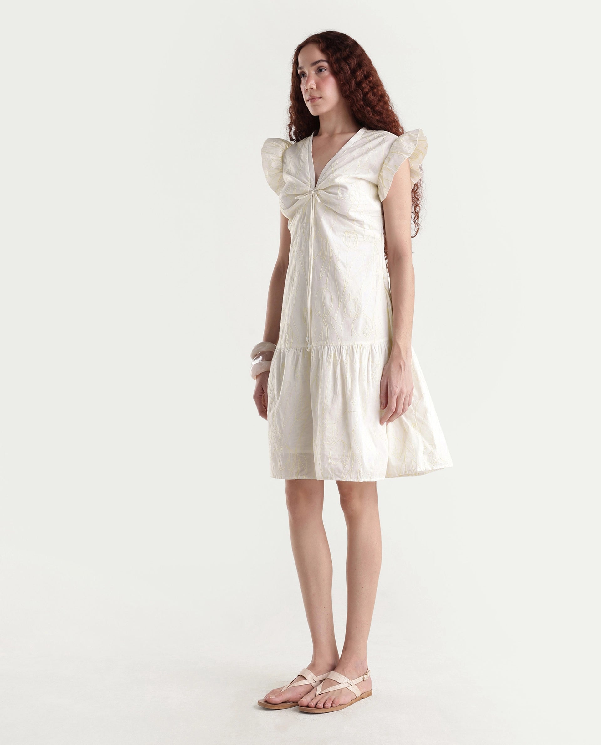Rareism Women's Janarivi Off White Cotton V-Neck Embroidered Ruffled Sleeve Knee Length Fit And Flare Dress