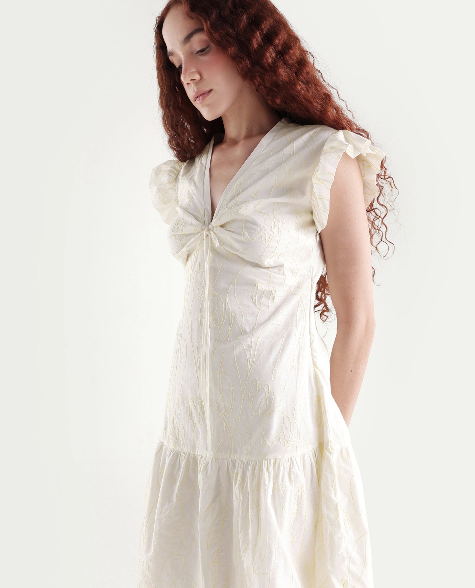 Rareism Women's Janarivi Off White Cotton V-Neck Embroidered Ruffled Sleeve Knee Length Fit And Flare Dress