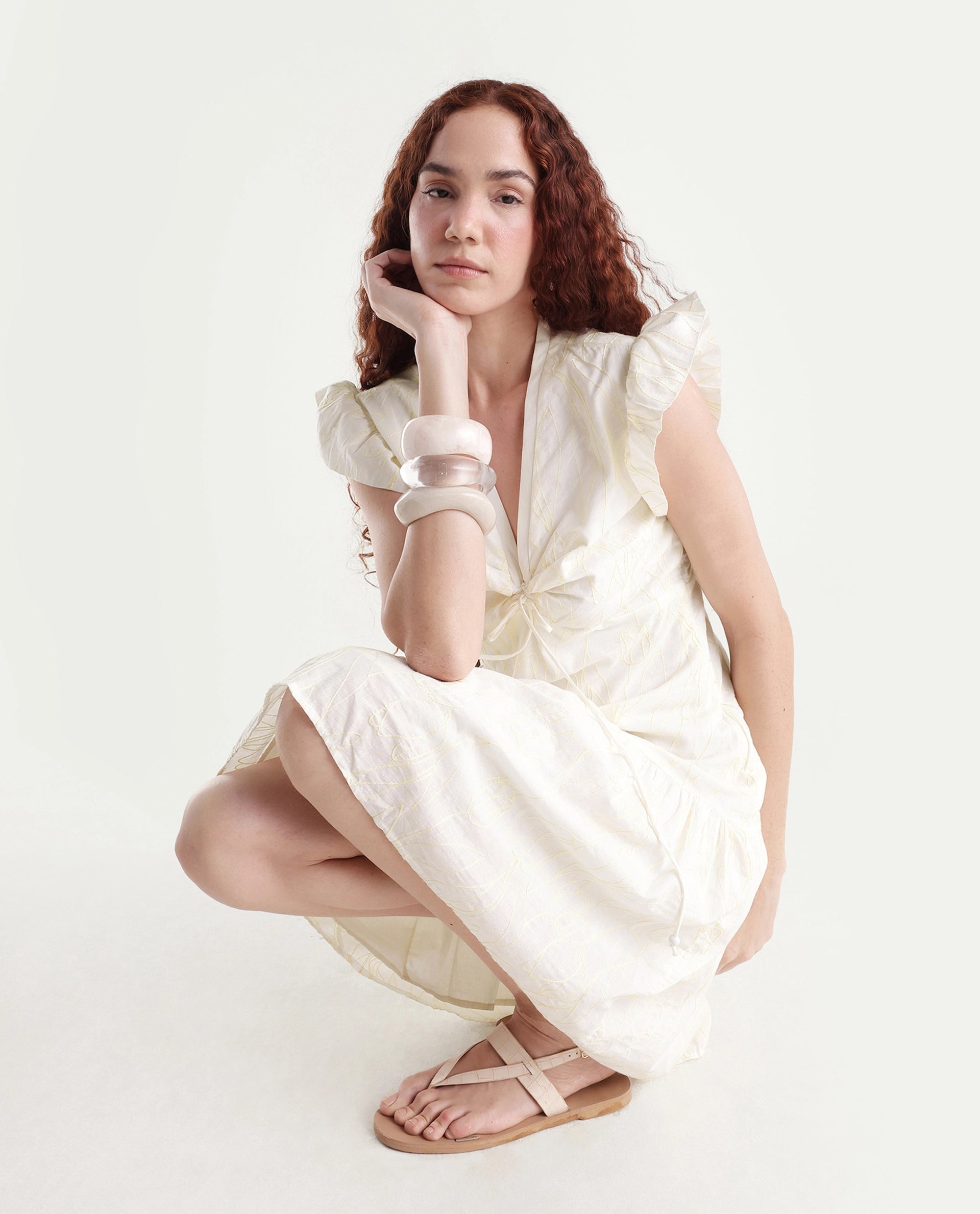 Rareism Women's Janarivi Off White Cotton V-Neck Embroidered Ruffled Sleeve Knee Length Fit And Flare Dress
