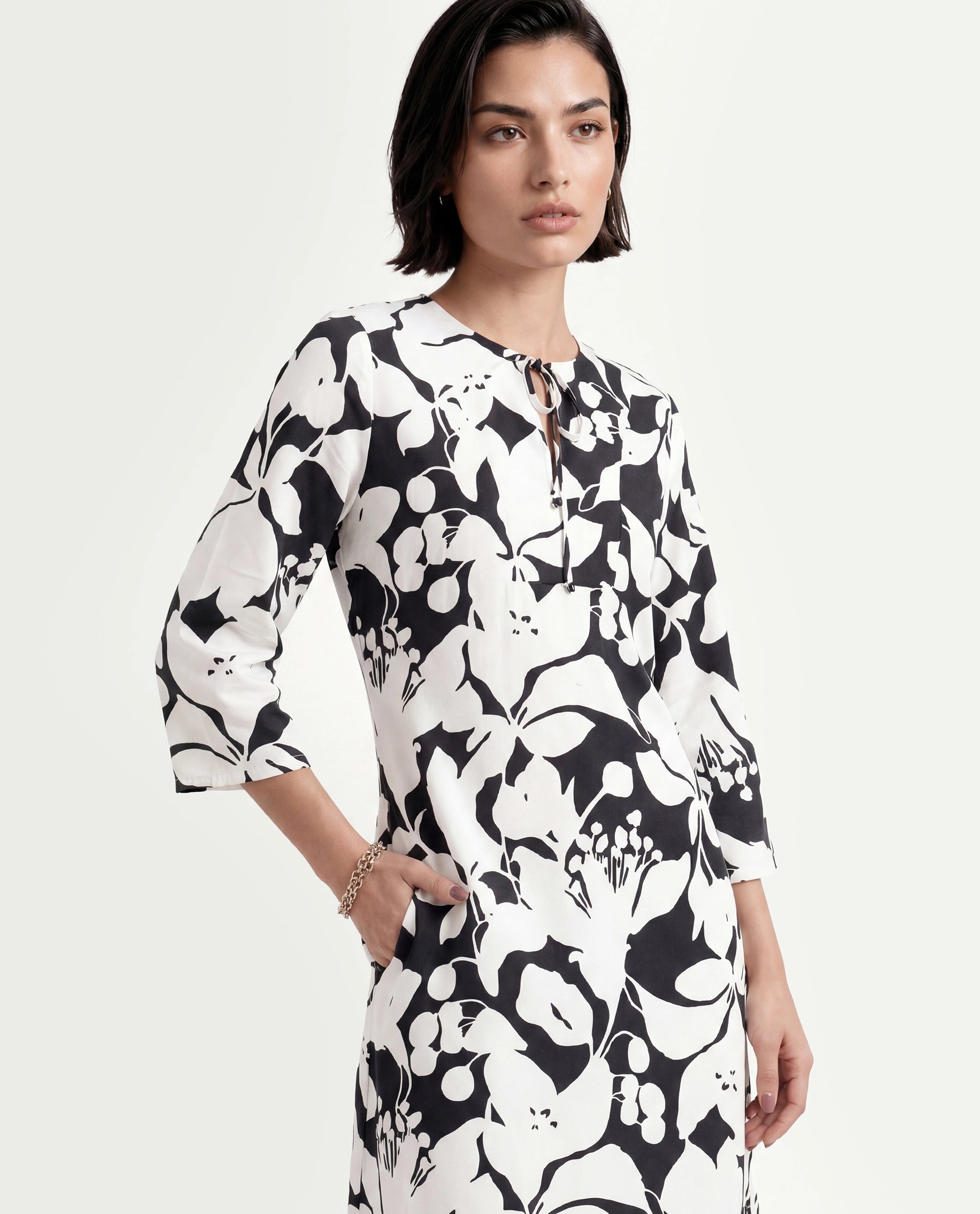 Rareism Women's Janzen Black Viscose Tie-Up Neck Floral Print Bell Sleeve Midi Straight Fit Dress