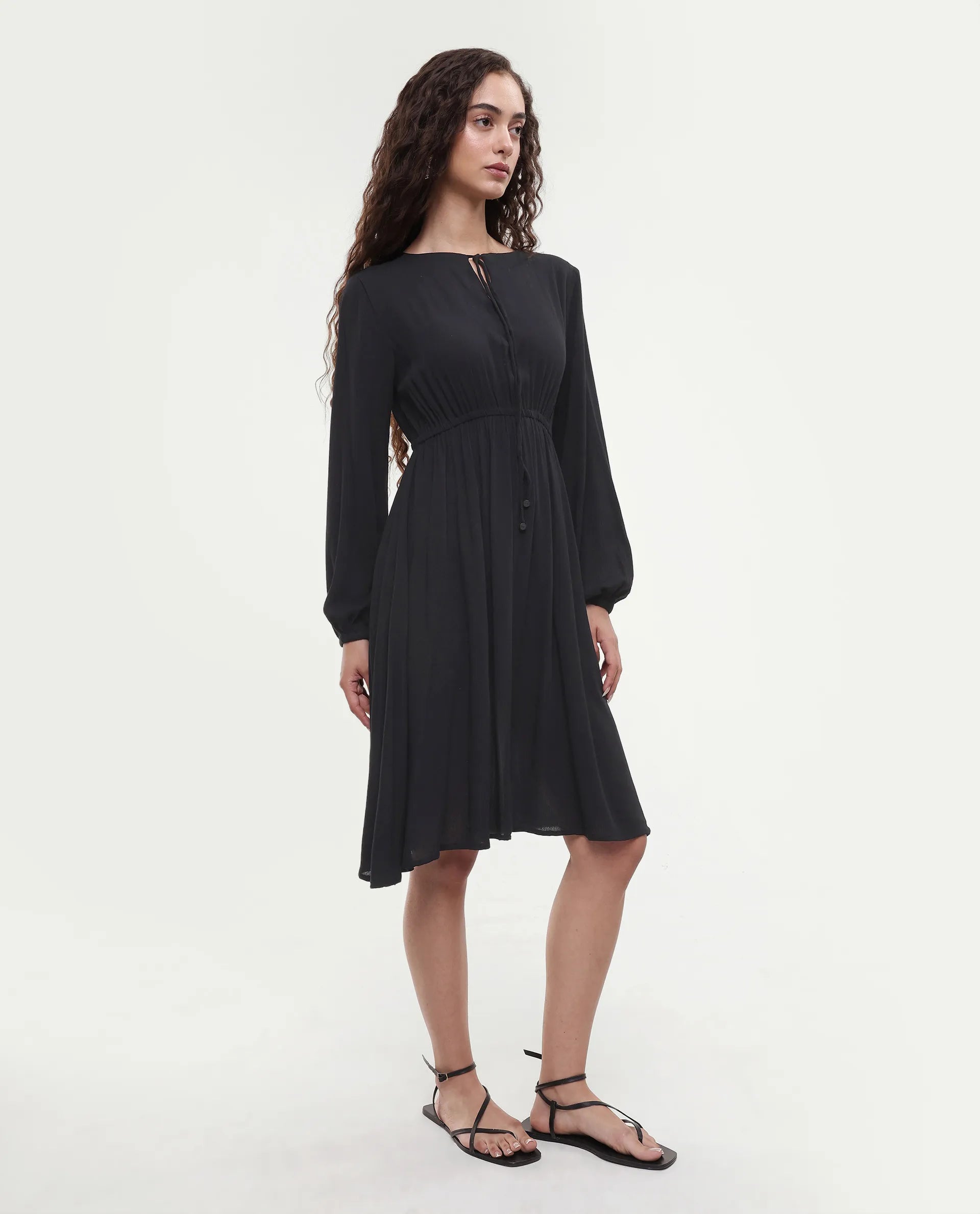 Rareism Women's Janog Black Cotton Tie-Up Neck Plain Bishop Sleeve Knee Length Fit And Flare Dress