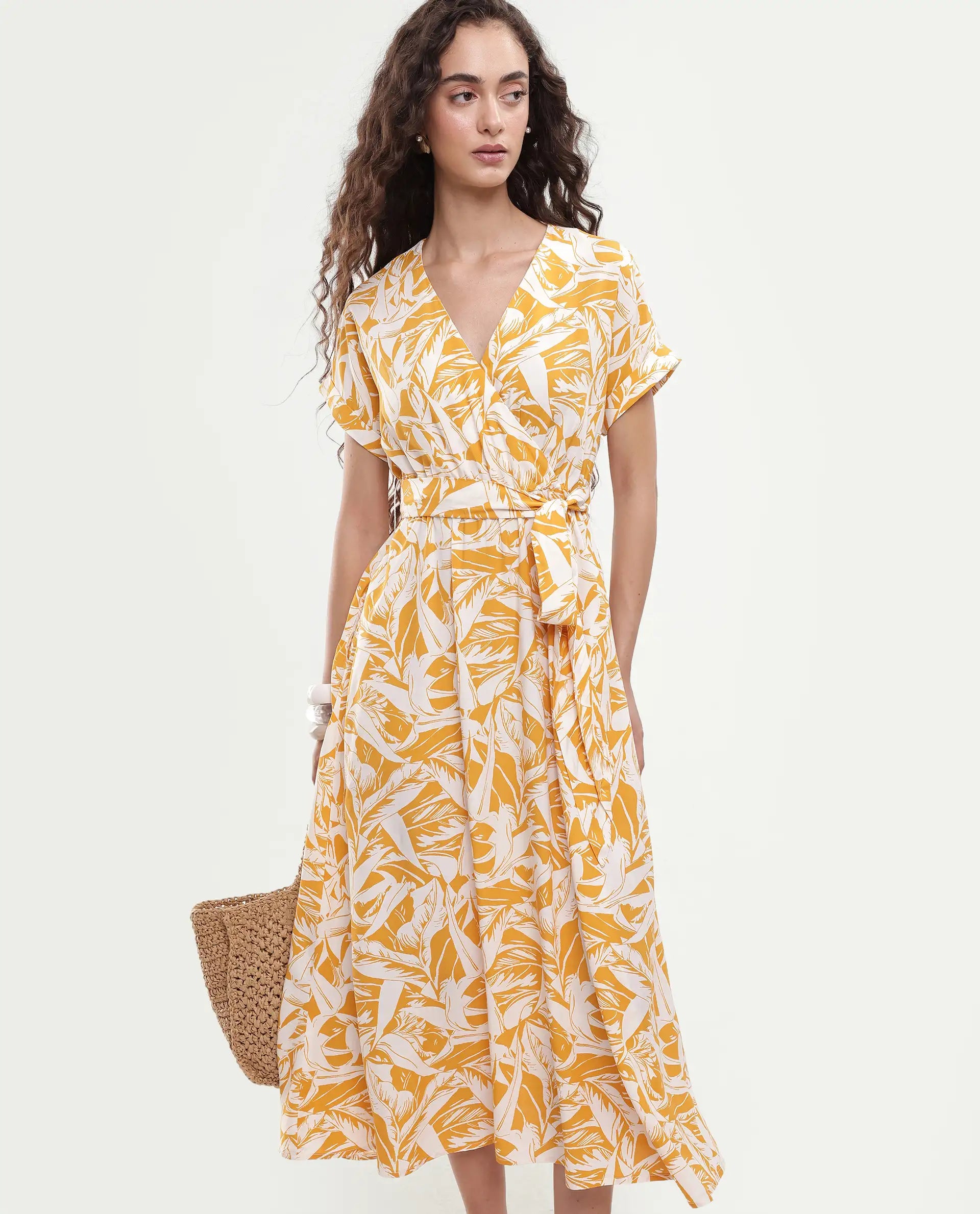 Rareism Women's Janmink Light Mustard Viscose Overlap Neck Floral Print Ruffled Sleeve Midi Wrap Dress