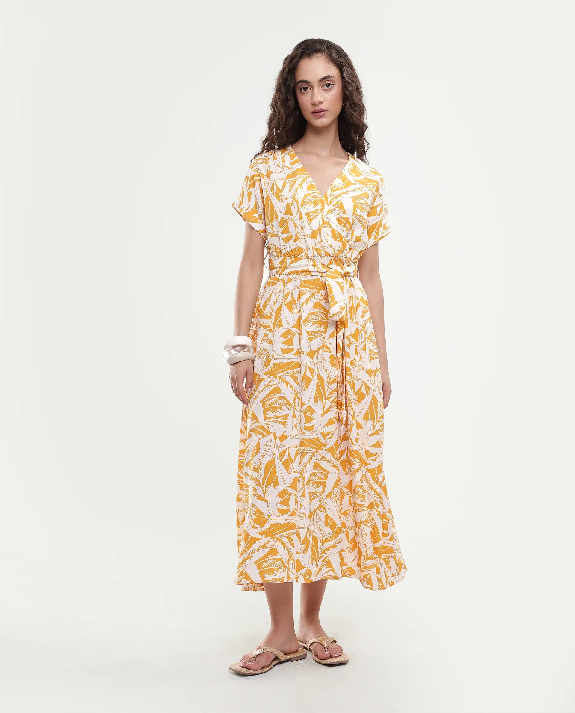 Rareism Women's Janmink Light Mustard Viscose Overlap Neck Floral Print Ruffled Sleeve Midi Wrap Dress