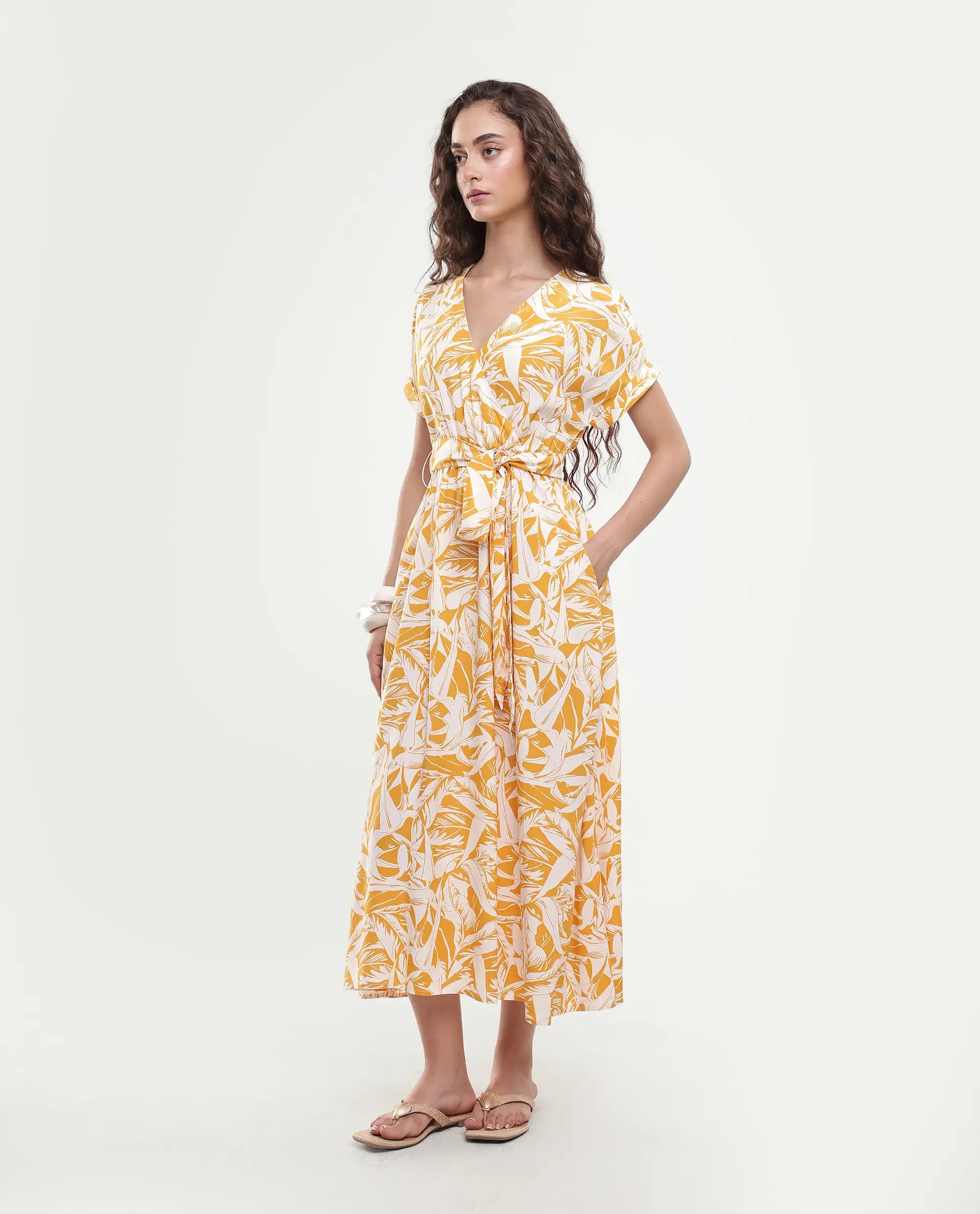 Rareism Women's Janmink Light Mustard Viscose Overlap Neck Floral Print Ruffled Sleeve Midi Wrap Dress