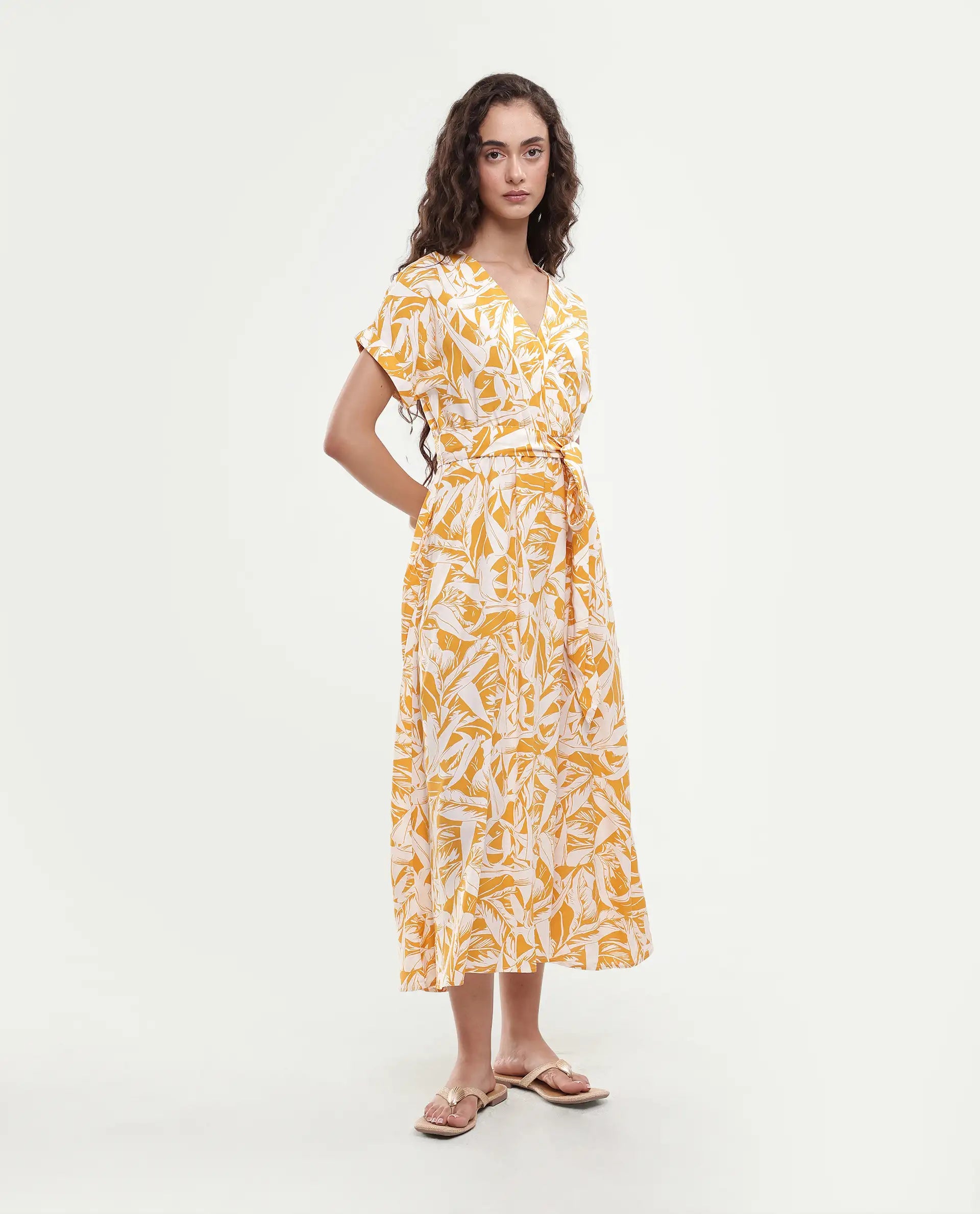 Rareism Women's Janmink Light Mustard Viscose Overlap Neck Floral Print Ruffled Sleeve Midi Wrap Dress