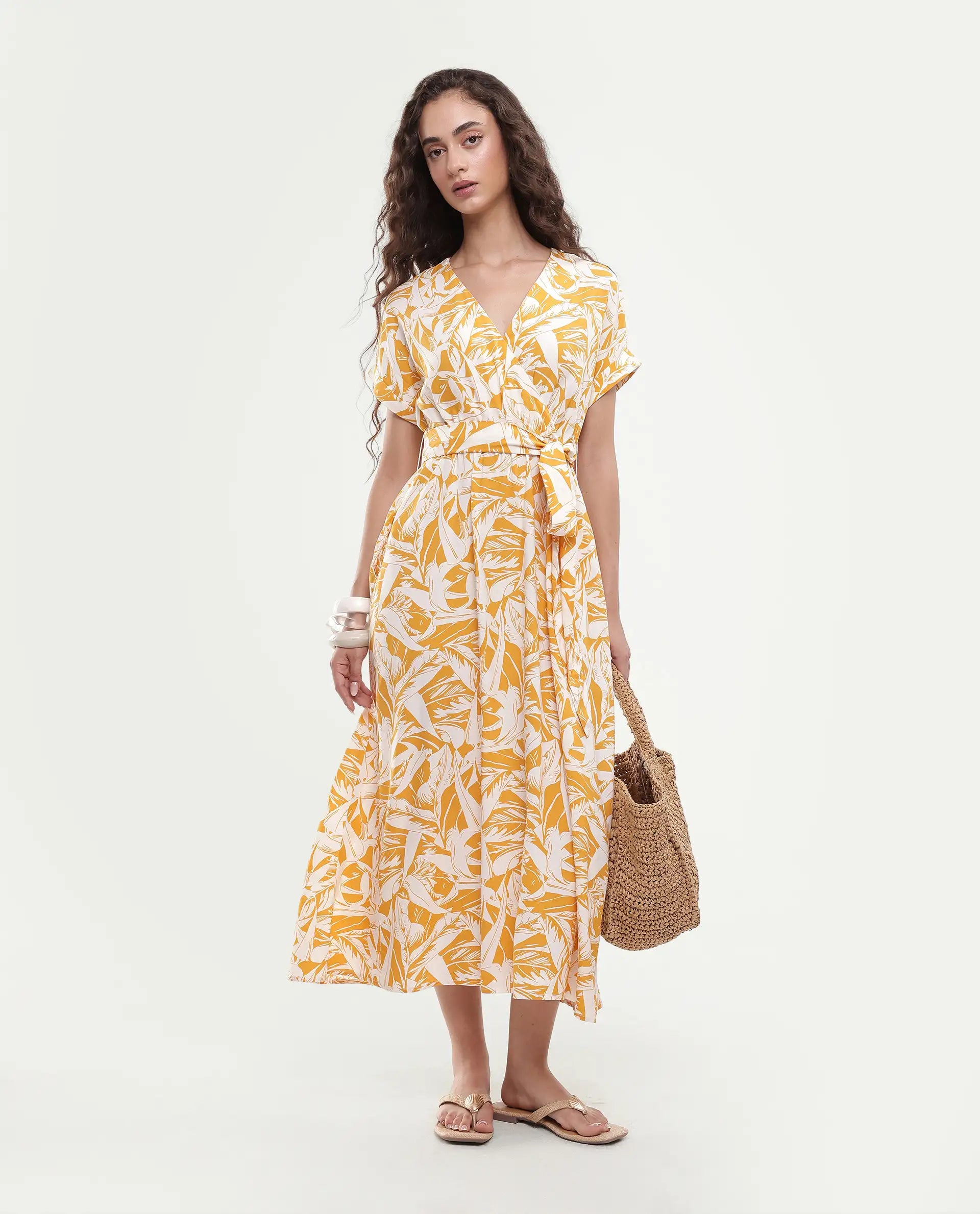 Rareism Women's Janmink Light Mustard Viscose Overlap Neck Floral Print Ruffled Sleeve Midi Wrap Dress