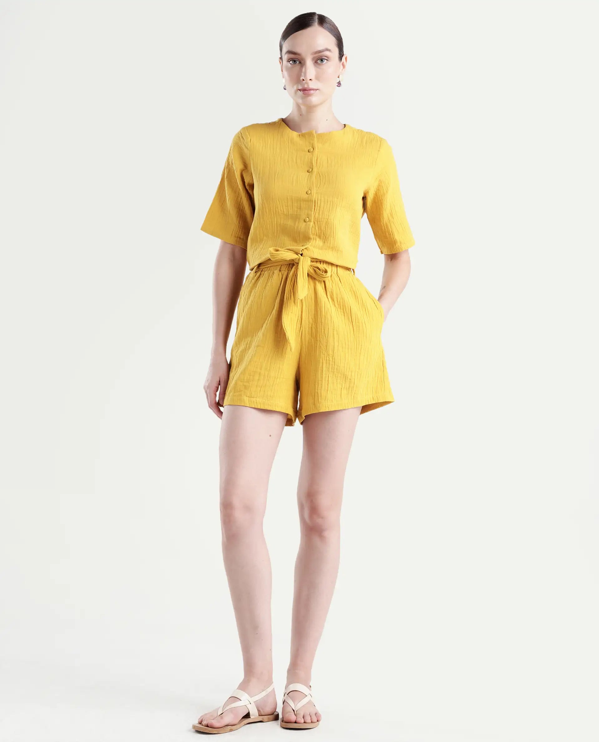 Rareism Women's Jandren B Mustard Cotton Plain Mini Regular Fit Shorts