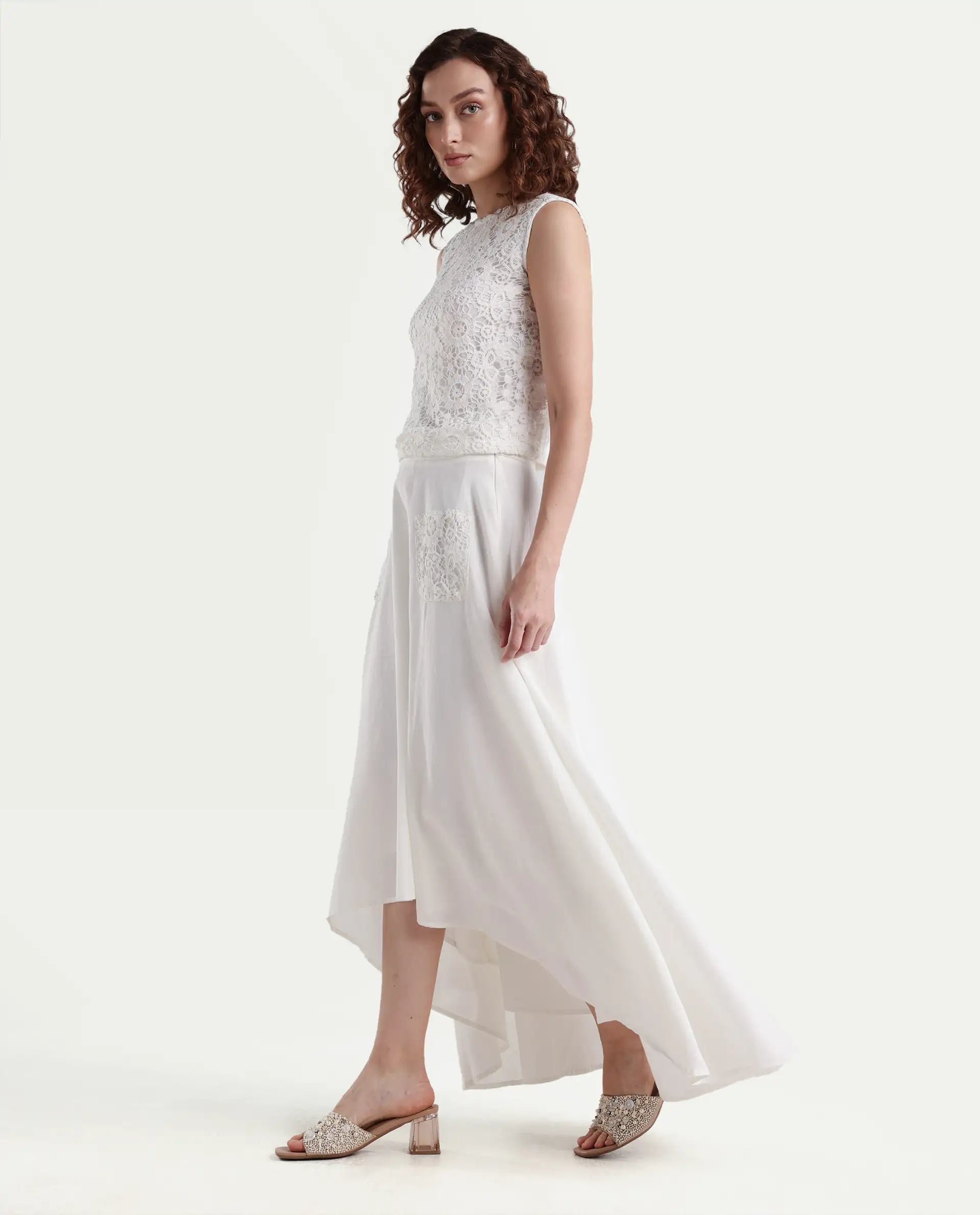 Rareism Women's Janlom B Off White Cotton Blend Plain Ankle Length A-Line Skirt