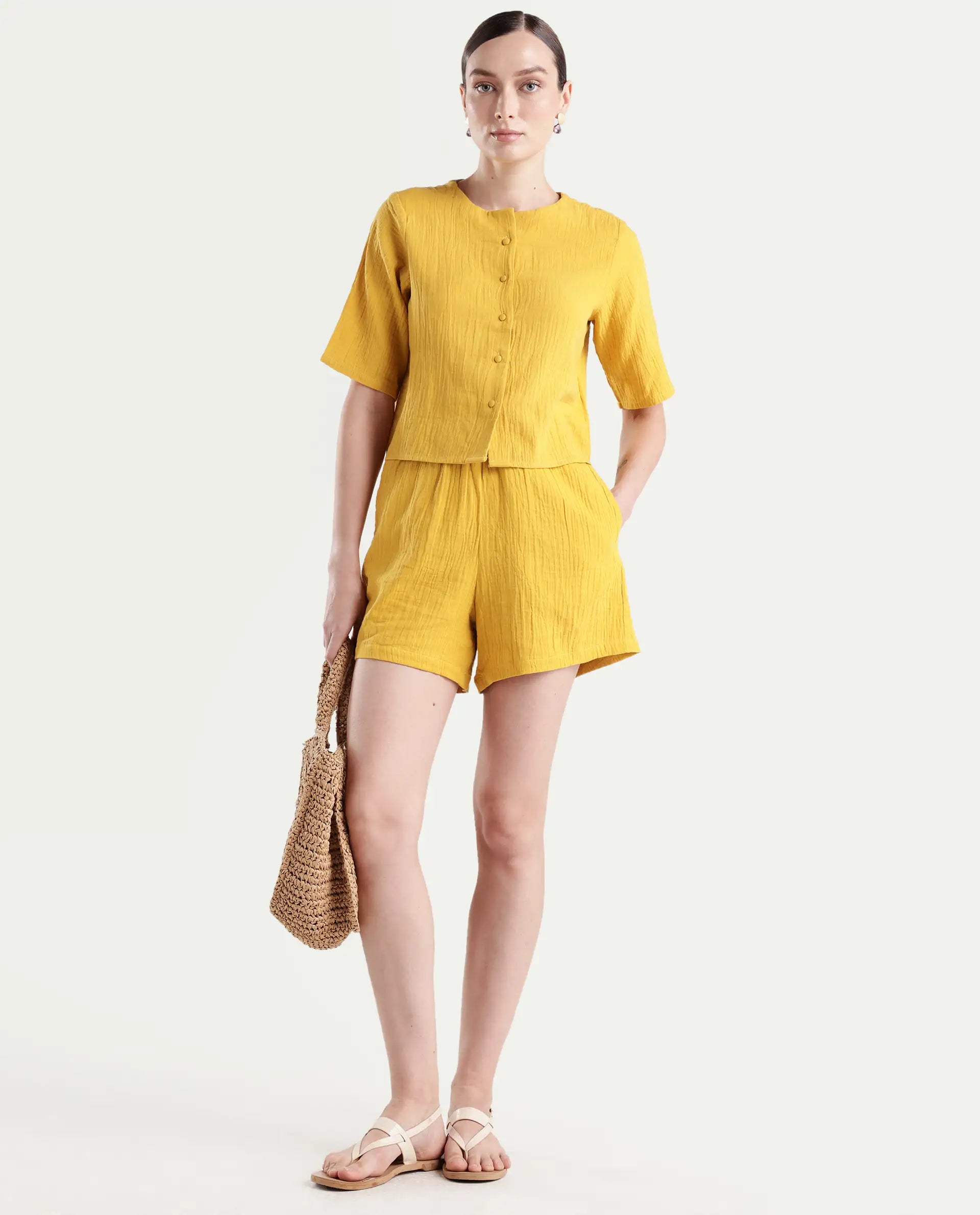 Rareism Women's Jandren T Mustard Cotton Round Neck Plain Relaxed Fit Top