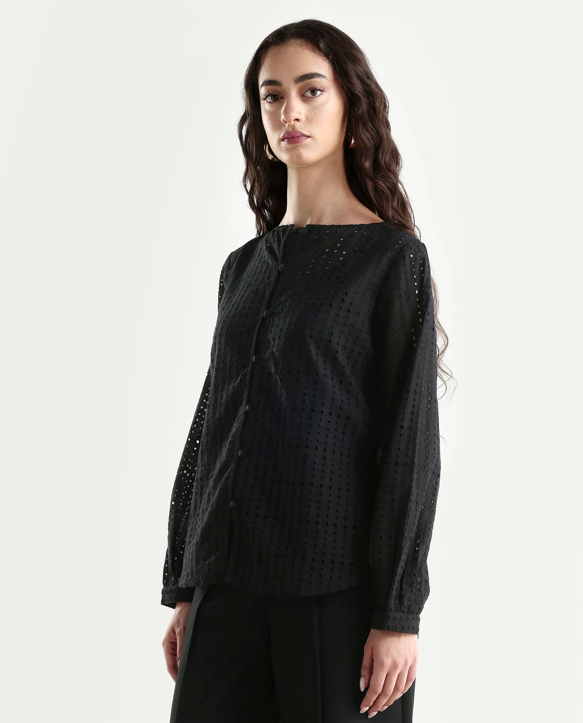 Rareism Women's Jancy Black Cotton Boat Neck Plain Bishop Sleeve Regular Fit Top