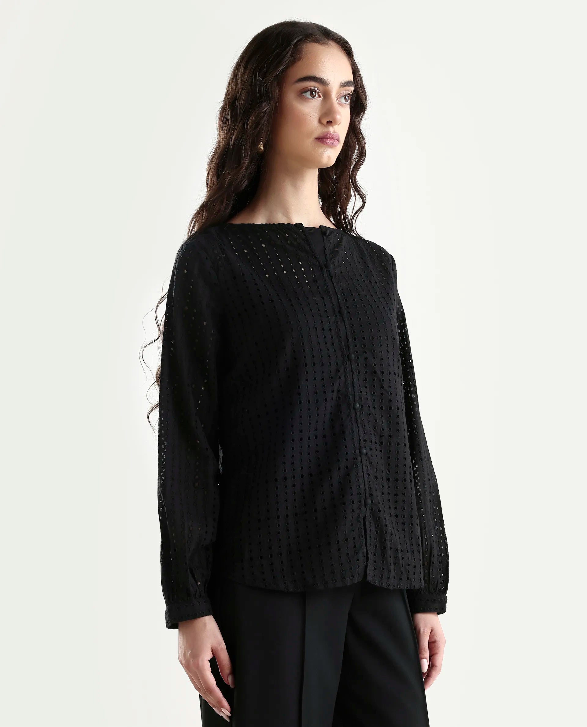 Rareism Women's Jancy Black Cotton Boat Neck Plain Bishop Sleeve Regular Fit Top