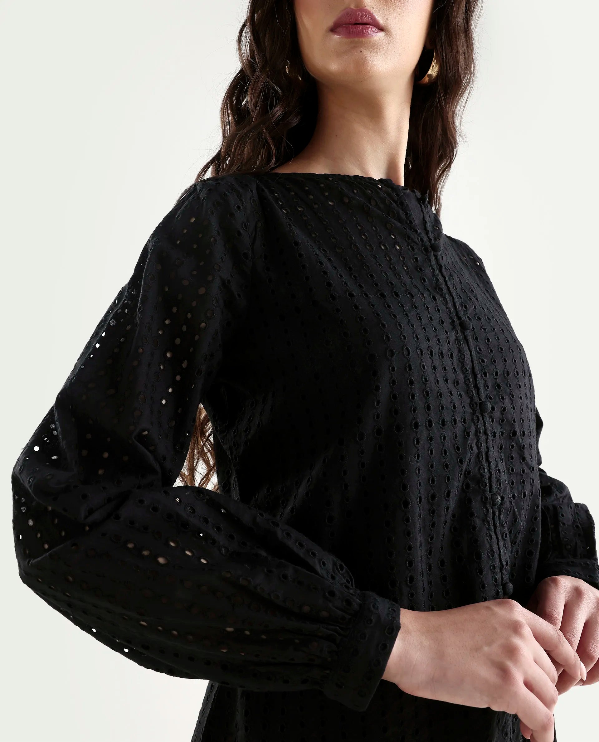 Rareism Women's Jancy Black Cotton Boat Neck Plain Bishop Sleeve Regular Fit Top