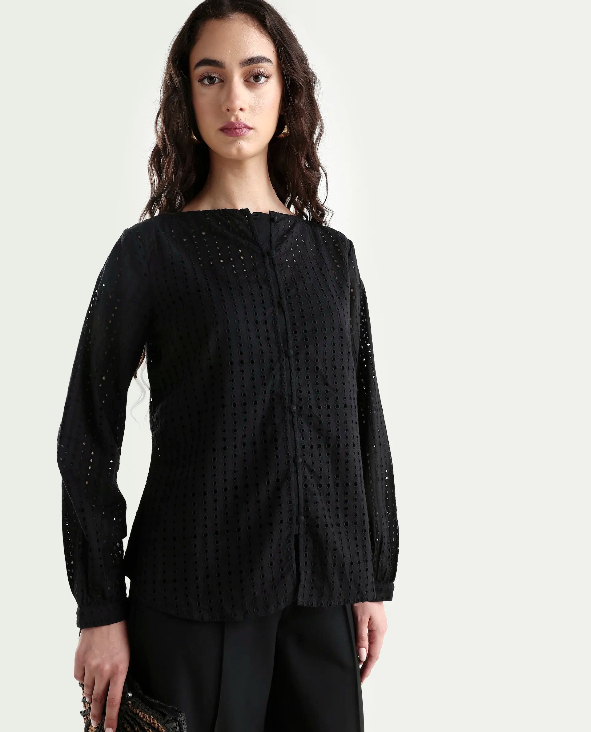 Rareism Women's Jancy Black Cotton Boat Neck Plain Bishop Sleeve Regular Fit Top