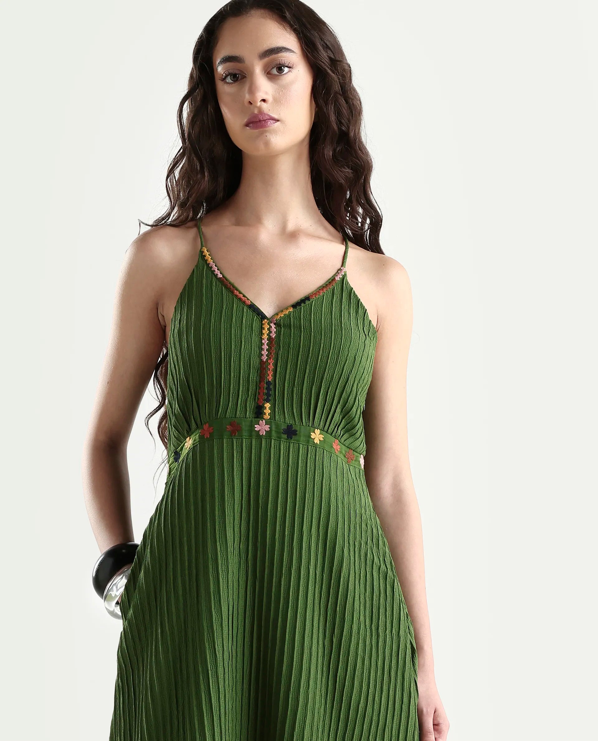 Rareism Women's Ronad Green Polyester Blend V-Neck Plain Sleeveless Maxi A-Line Dress