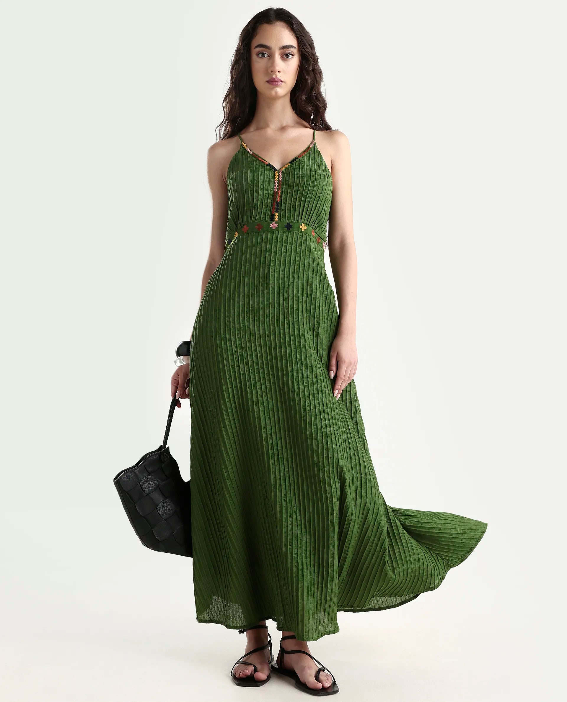 Rareism Women's Ronad Green Polyester Blend V-Neck Plain Sleeveless Maxi A-Line Dress