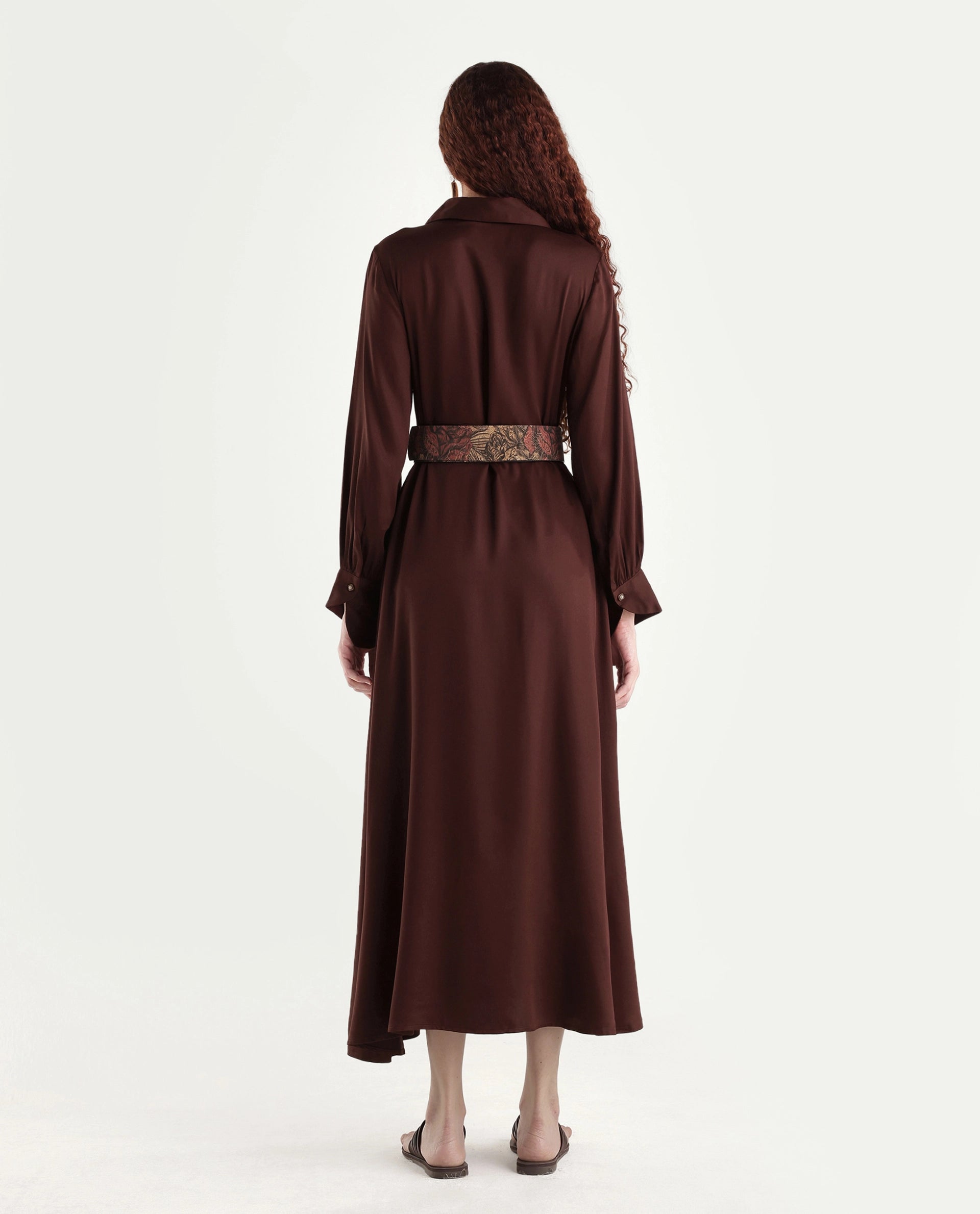 Rareism Women's Ronae Brown Viscose Spread Collar Plain Cuffed Sleeve Maxi Flared Dress