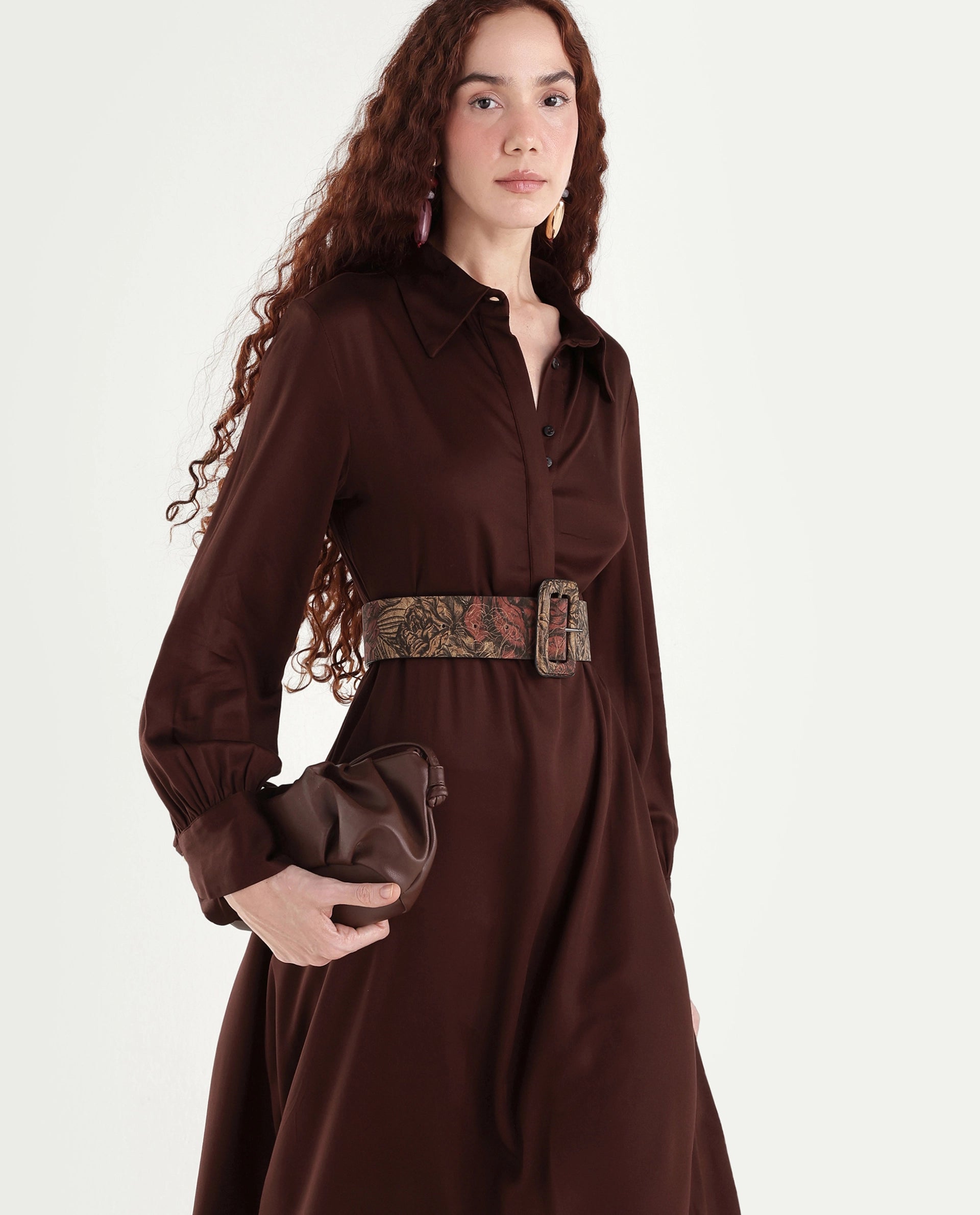 Rareism Women's Ronae Brown Viscose Spread Collar Plain Cuffed Sleeve Maxi Flared Dress