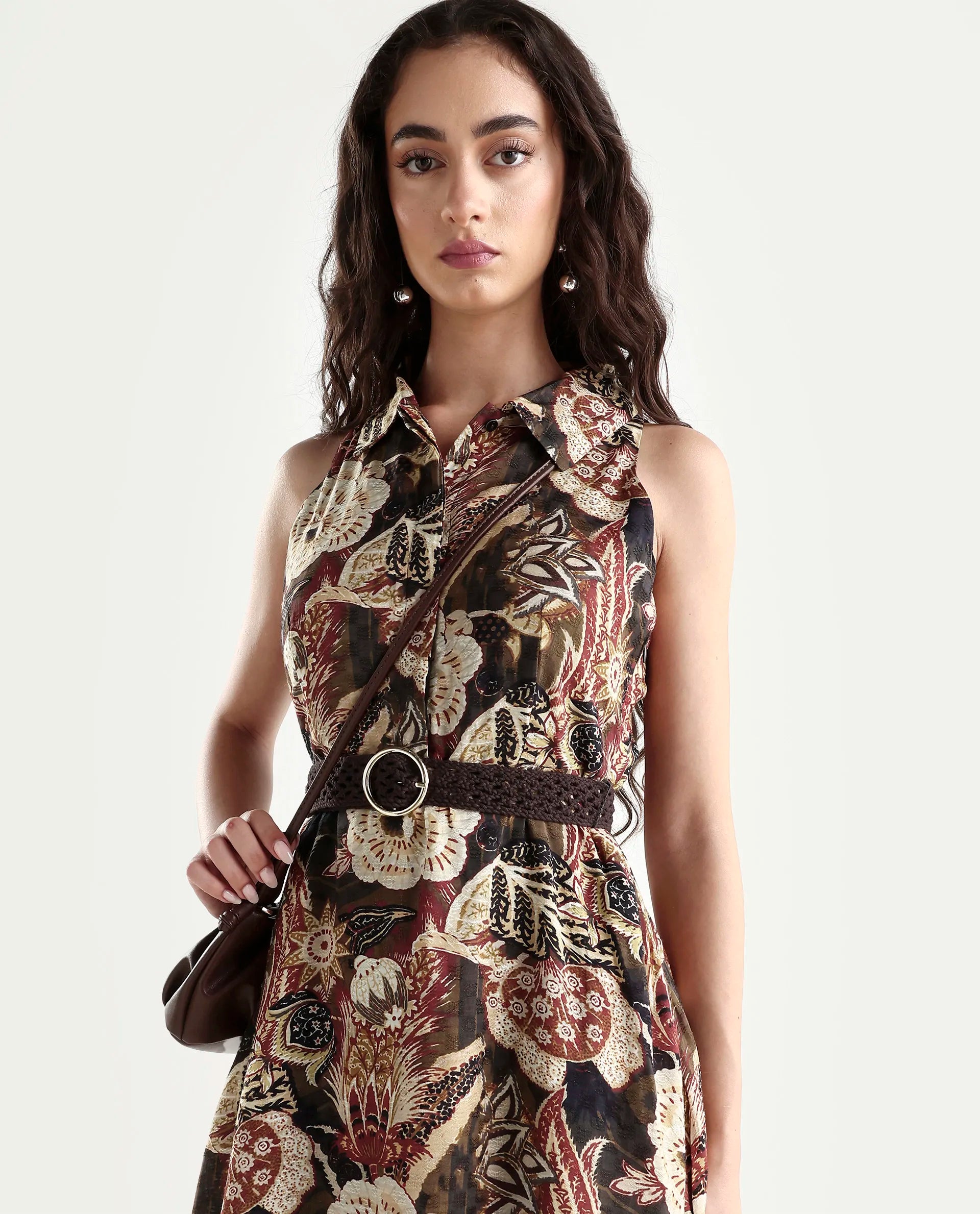 Rareism Women's Ronaf Brown Cotton Spread Collar Abstract Print Sleeveless Maxi Flared Dress