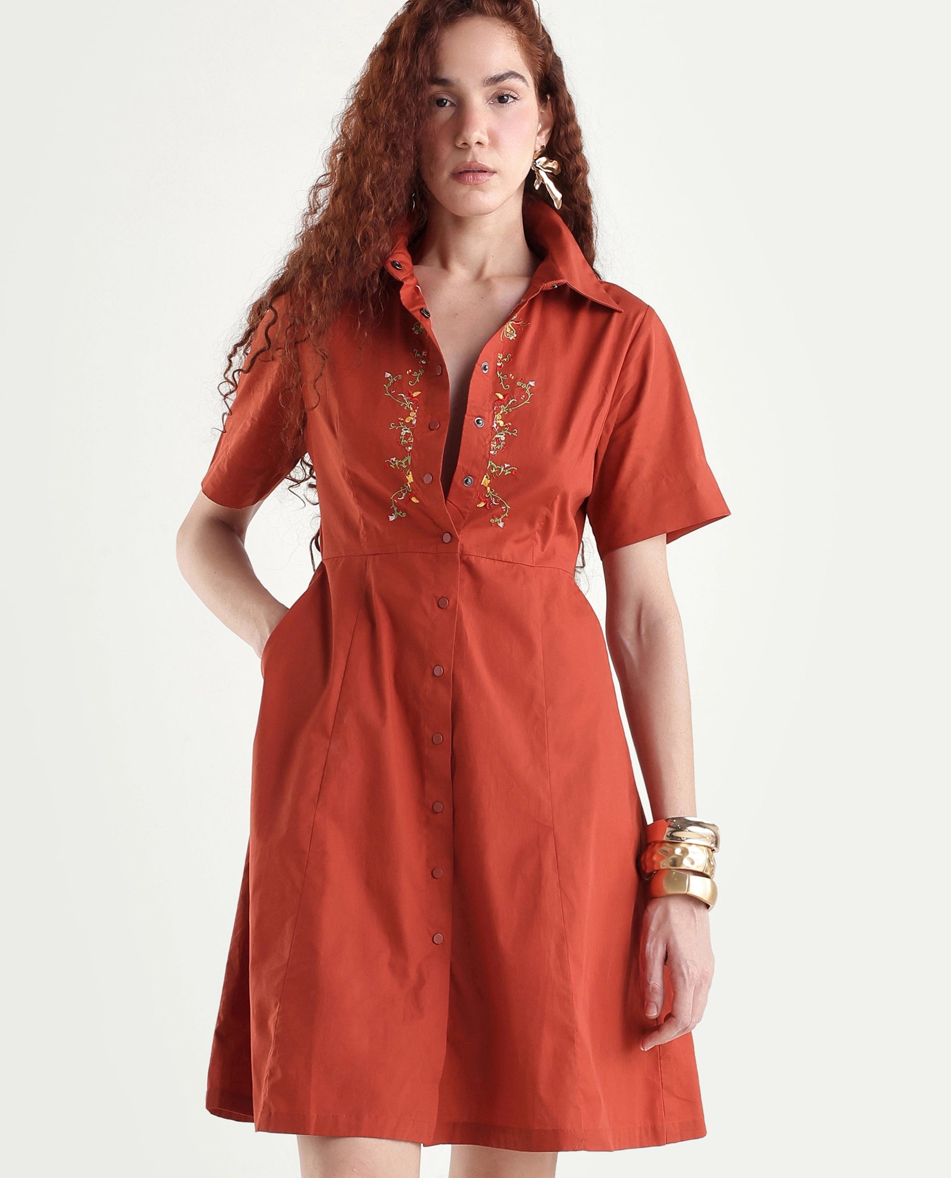 Rareism Women's Ronaj Rust Cotton Spread Collar Plain Knee Length Fit And Flare Dress