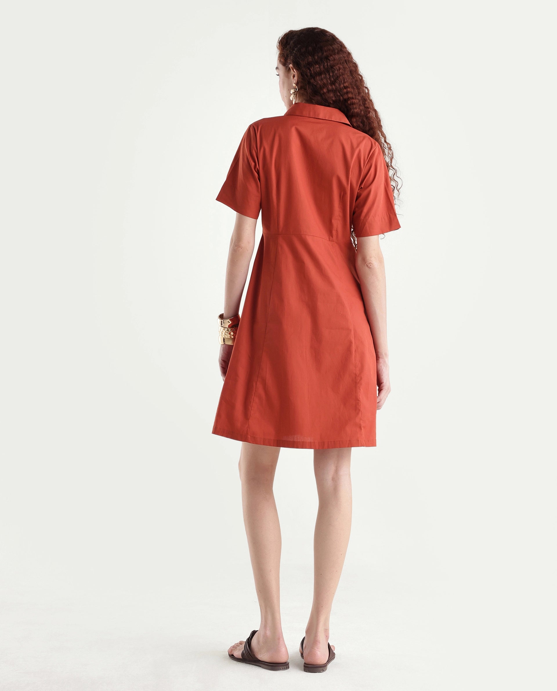 Rareism Women's Ronaj Rust Cotton Spread Collar Plain Knee Length Fit And Flare Dress