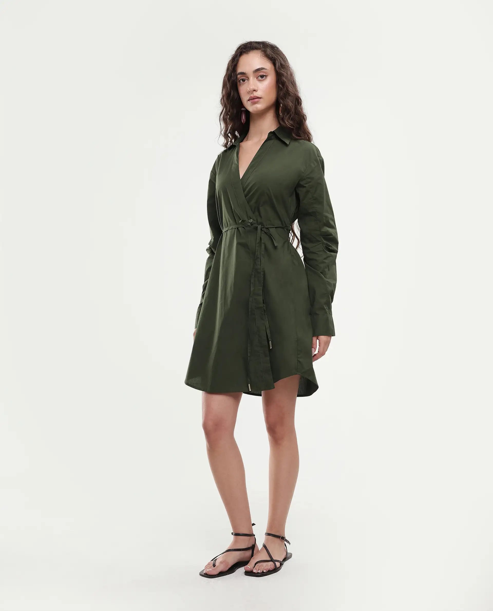 Rareism Women's Ronal Dark Olive Cotton Spread Collar Plain Cuffed Sleeve Knee Length A-Line Dress