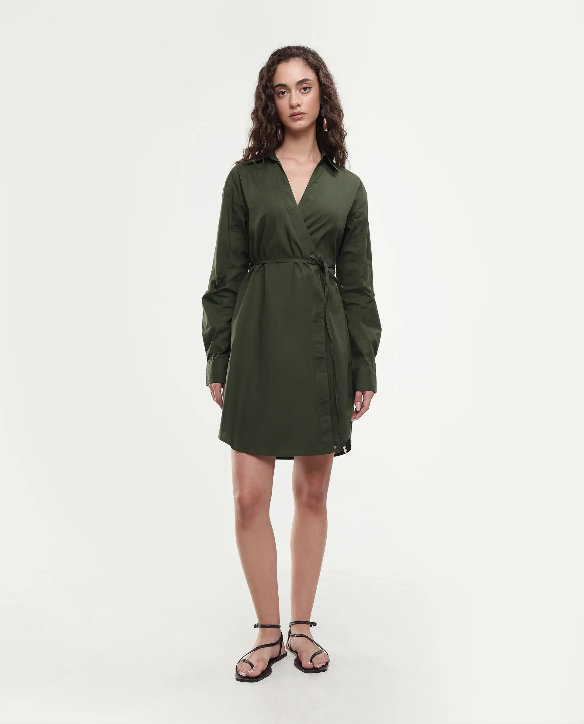 Rareism Women's Ronal Dark Olive Cotton Spread Collar Plain Cuffed Sleeve Knee Length A-Line Dress