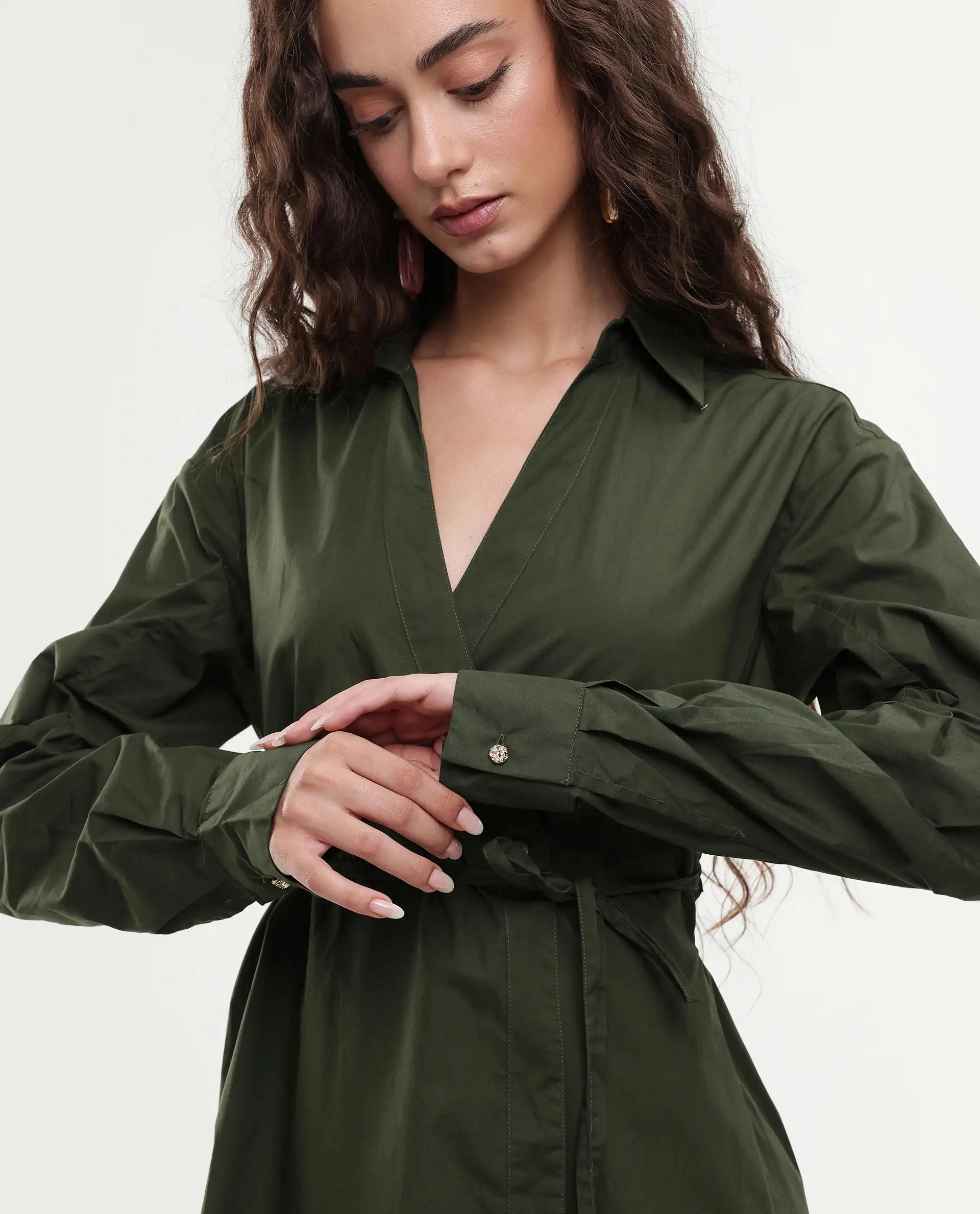 Rareism Women's Ronal Dark Olive Cotton Spread Collar Plain Cuffed Sleeve Knee Length A-Line Dress