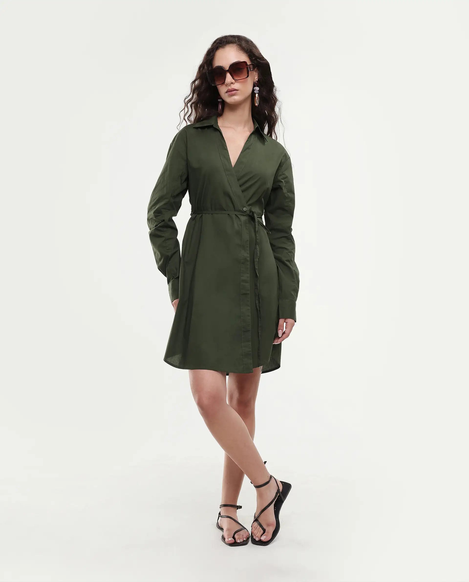 Rareism Women's Ronal Dark Olive Cotton Spread Collar Plain Cuffed Sleeve Knee Length A-Line Dress