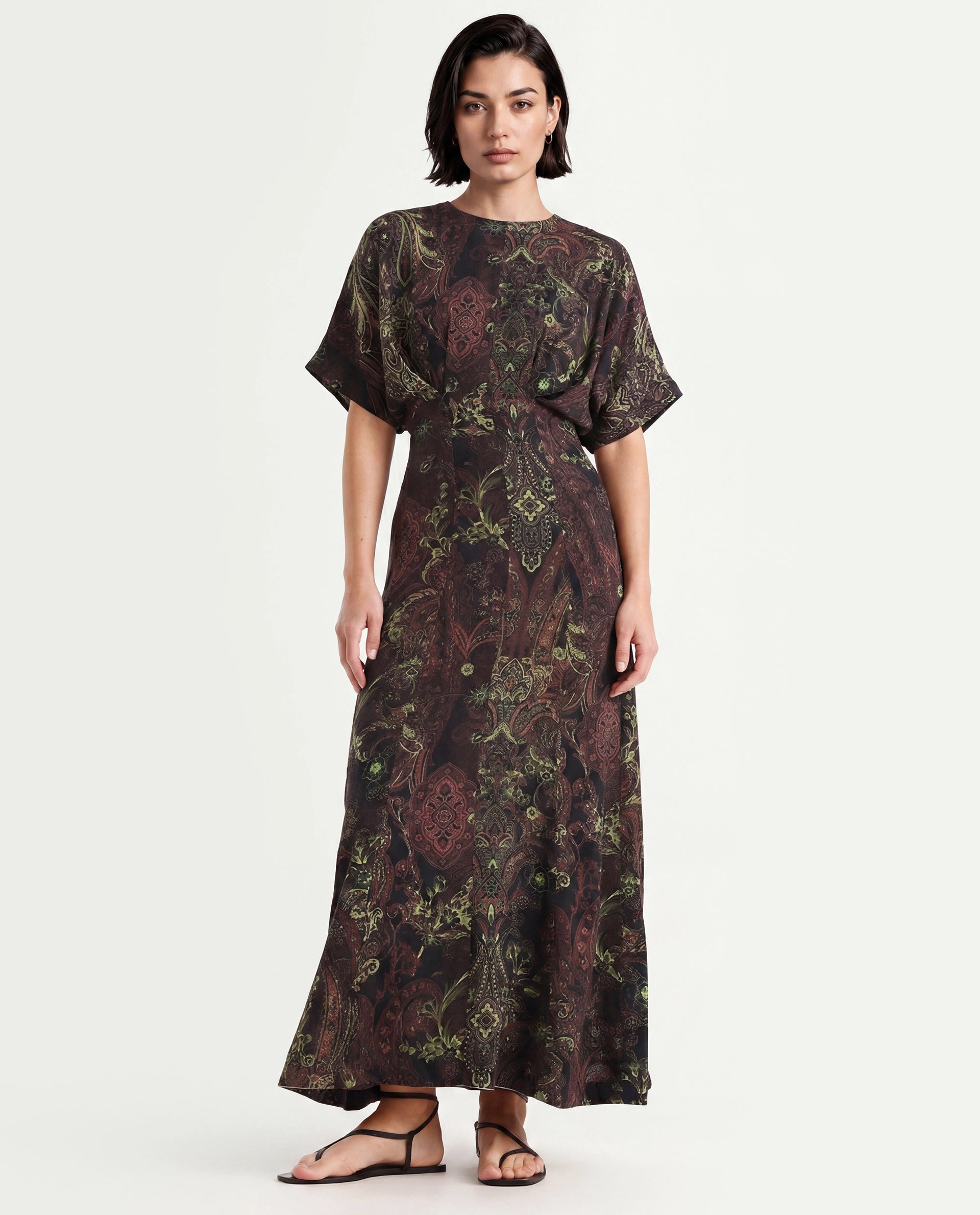 Rareism Women's Ronam Dark Multi Viscose Round Neck Paisley Print Kimono Sleeve Maxi Flared Dress