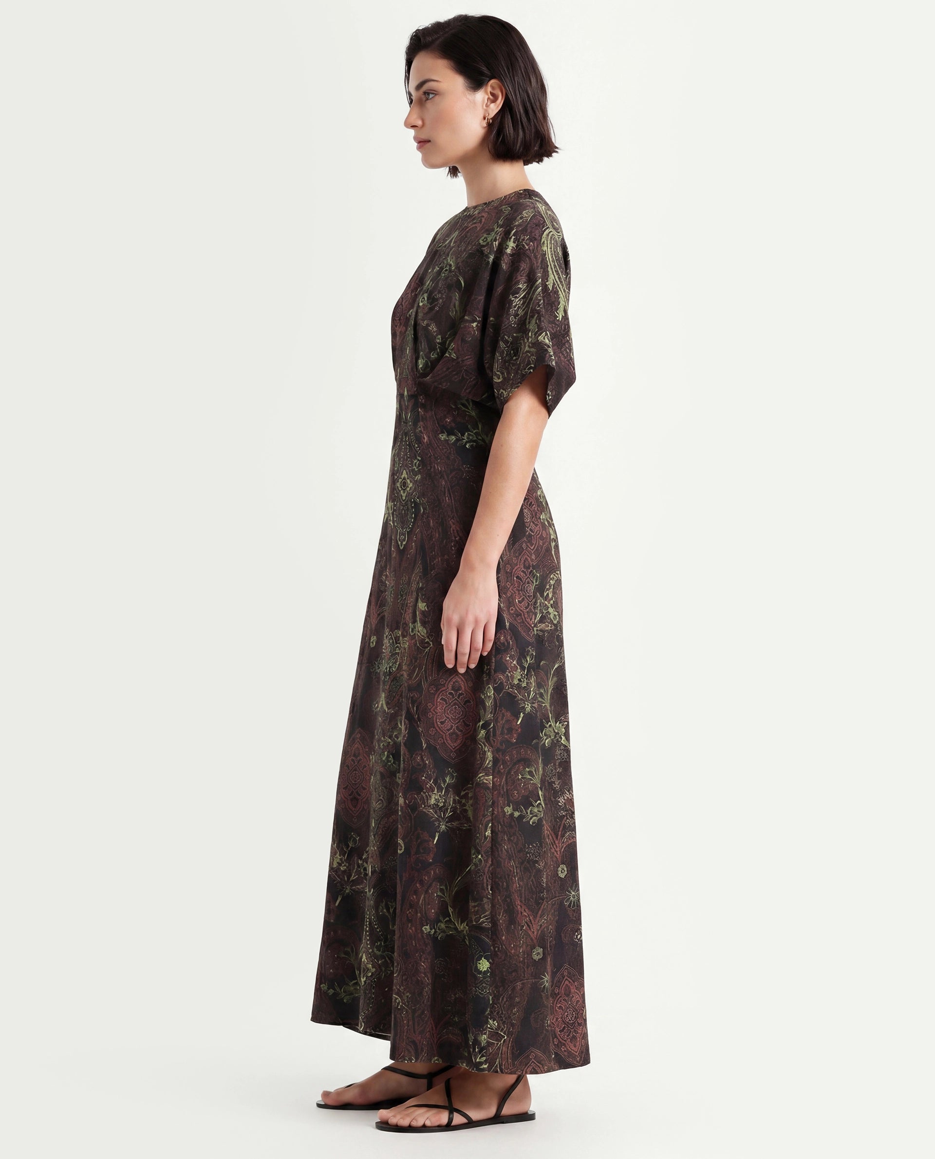 Rareism Women's Ronam Dark Multi Viscose Round Neck Paisley Print Kimono Sleeve Maxi Flared Dress