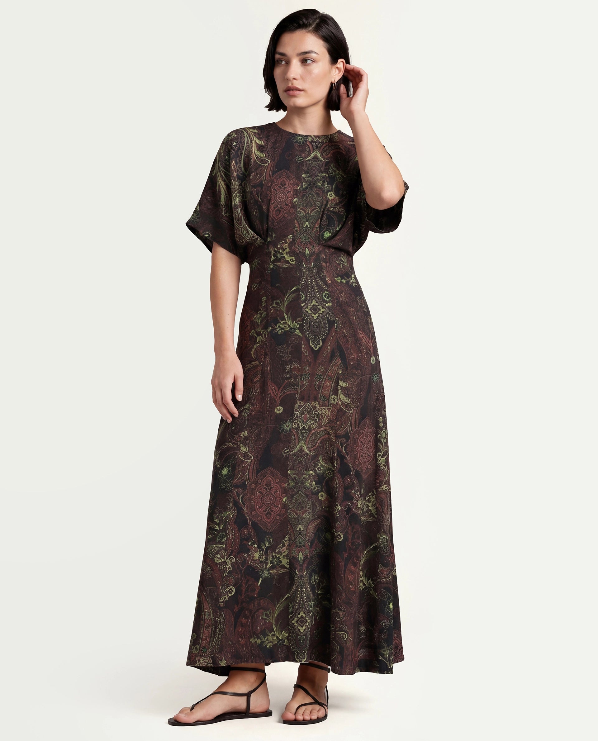 Rareism Women's Ronam Dark Multi Viscose Round Neck Paisley Print Kimono Sleeve Maxi Flared Dress