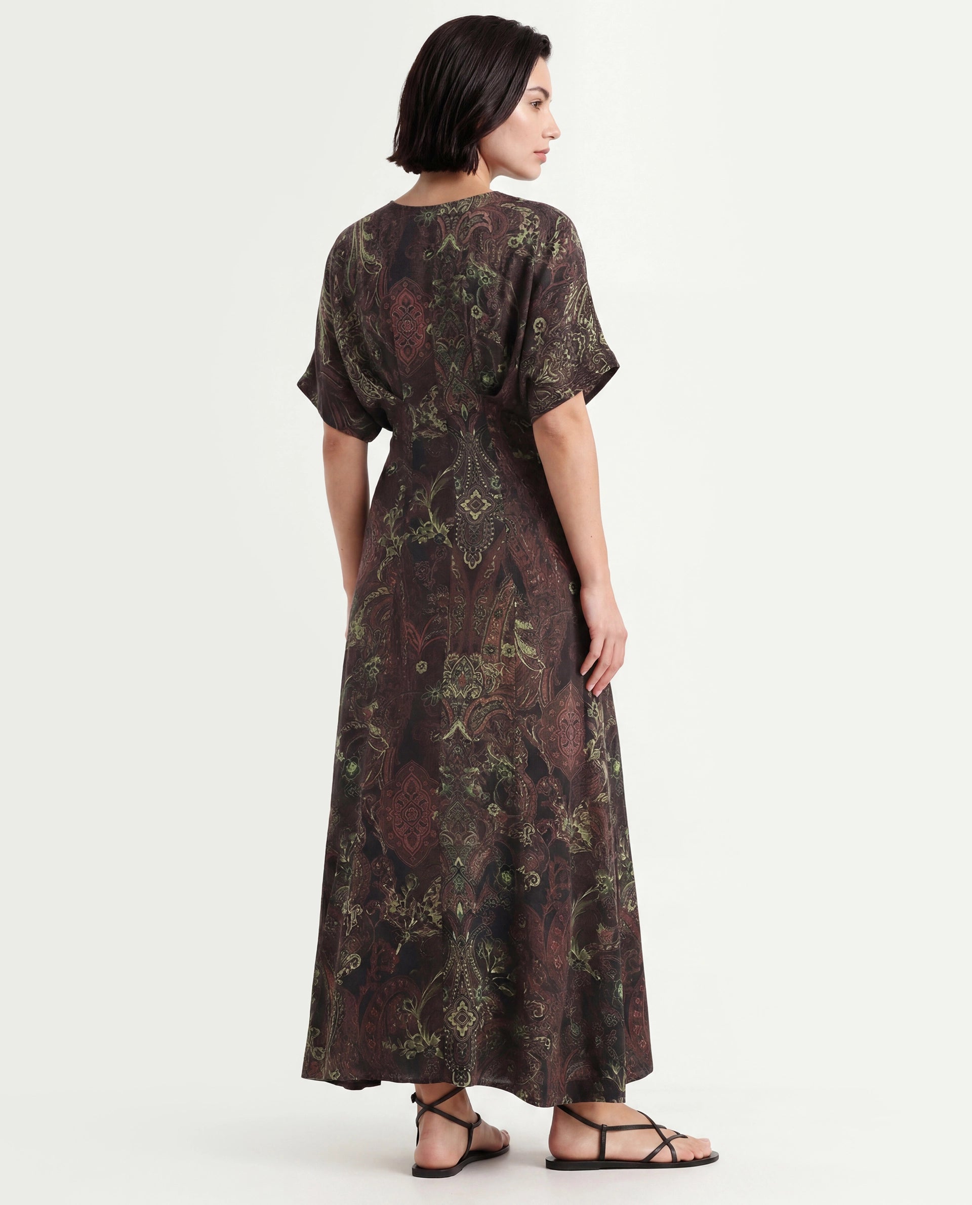 Rareism Women's Ronam Dark Multi Viscose Round Neck Paisley Print Kimono Sleeve Maxi Flared Dress