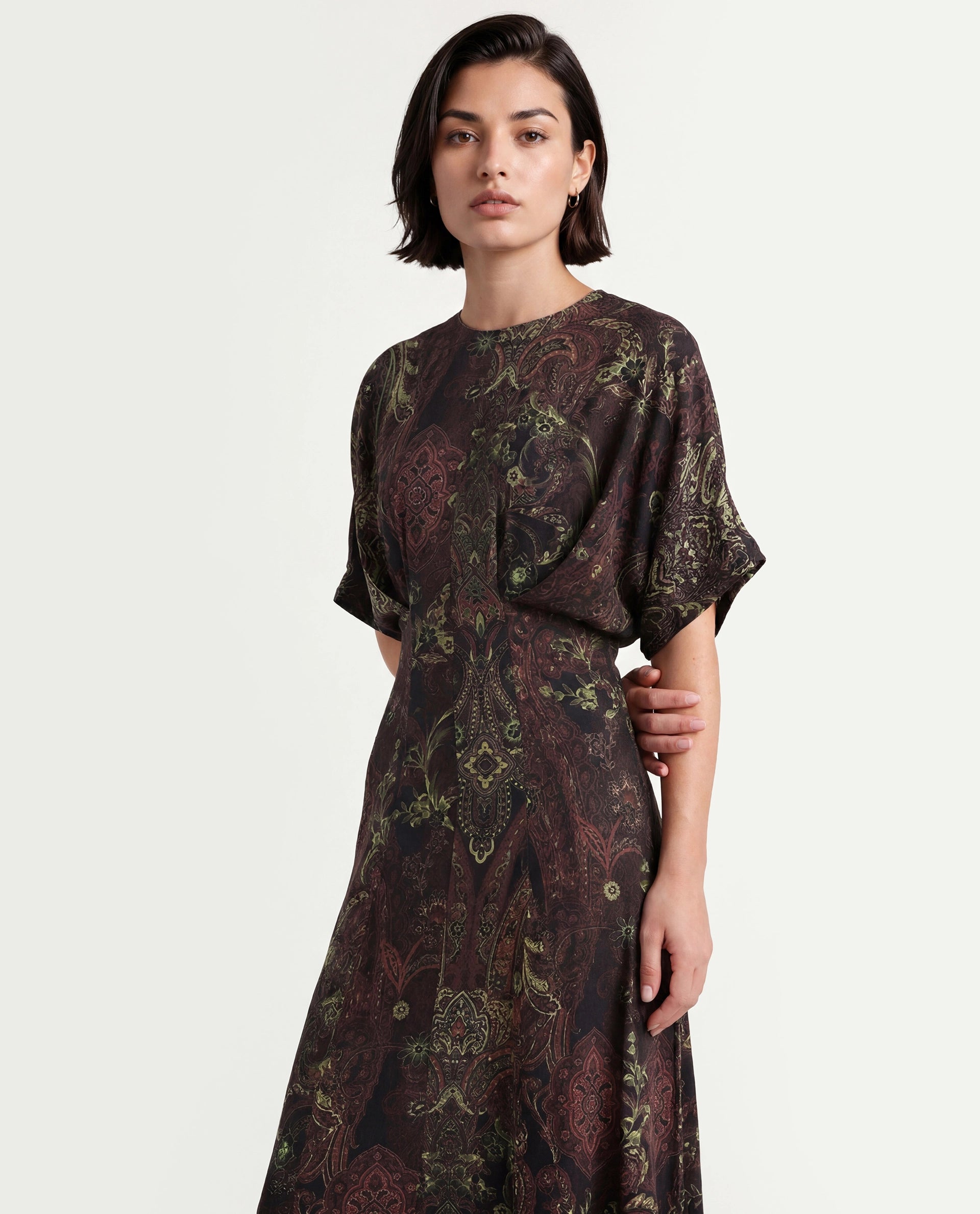 Rareism Women's Ronam Dark Multi Viscose Round Neck Paisley Print Kimono Sleeve Maxi Flared Dress