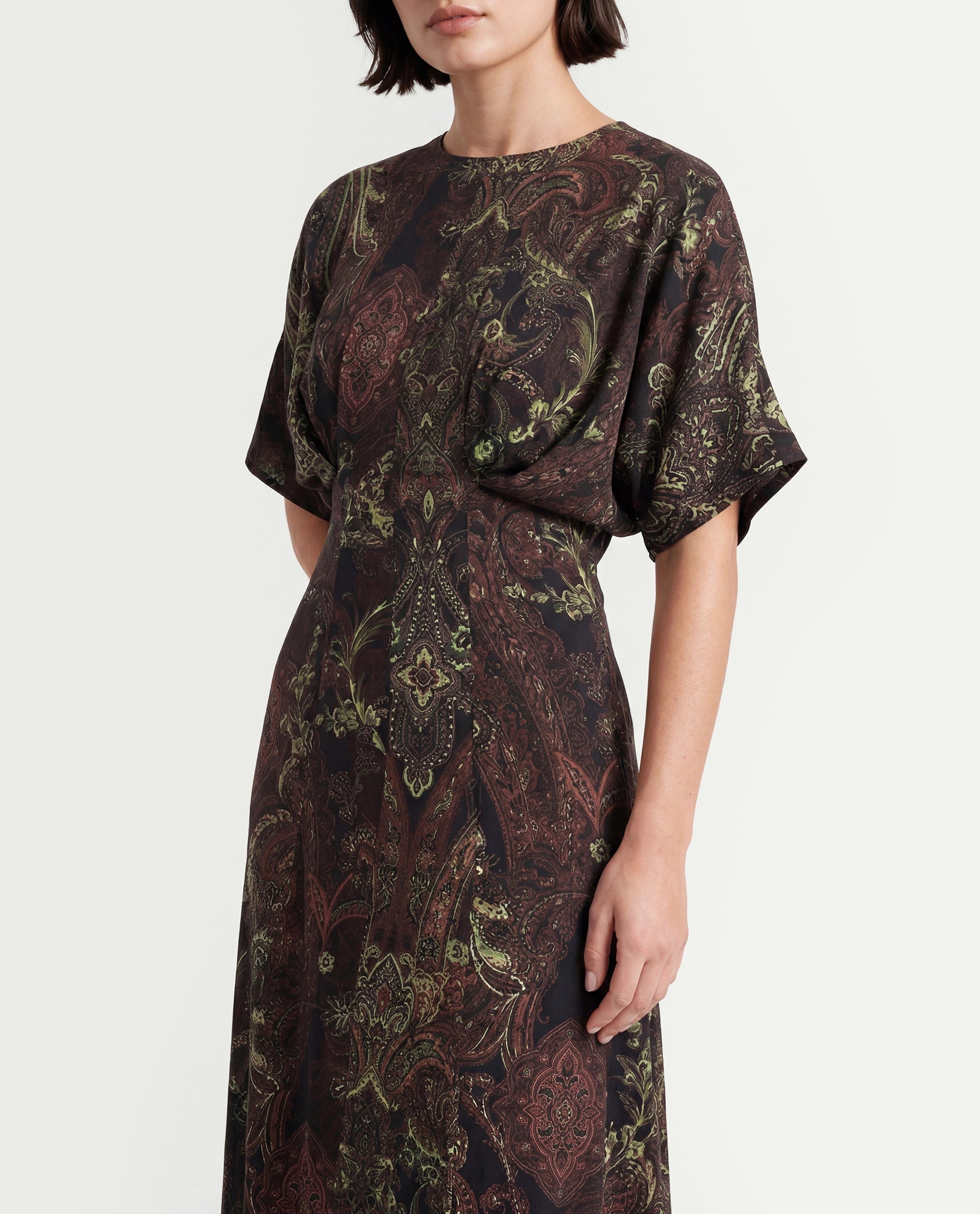Rareism Women's Ronam Dark Multi Viscose Round Neck Paisley Print Kimono Sleeve Maxi Flared Dress