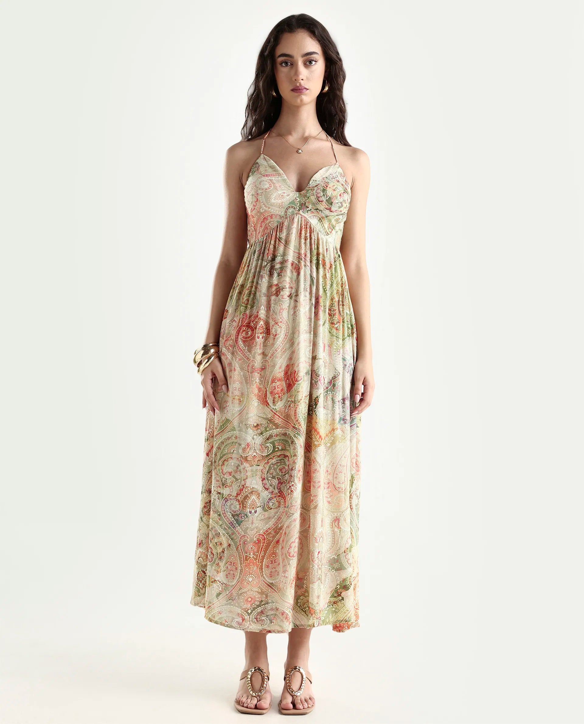 Rareism Women's Ronat Multi Cotton Blend V-Neck Paisley Print Sleeveless Maxi Fit And Flare Dress
