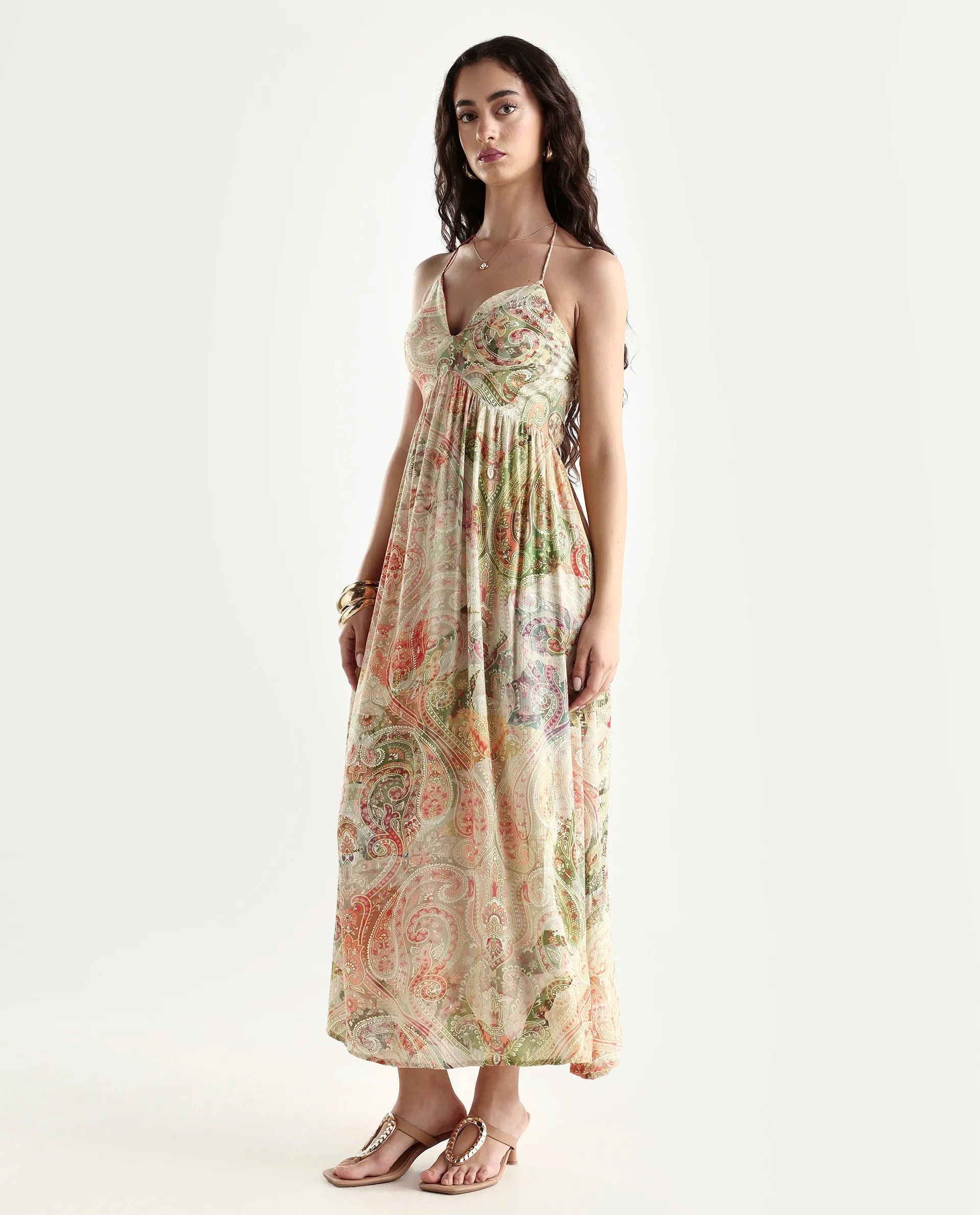 Rareism Women's Ronat Multi Cotton Blend V-Neck Paisley Print Sleeveless Maxi Fit And Flare Dress