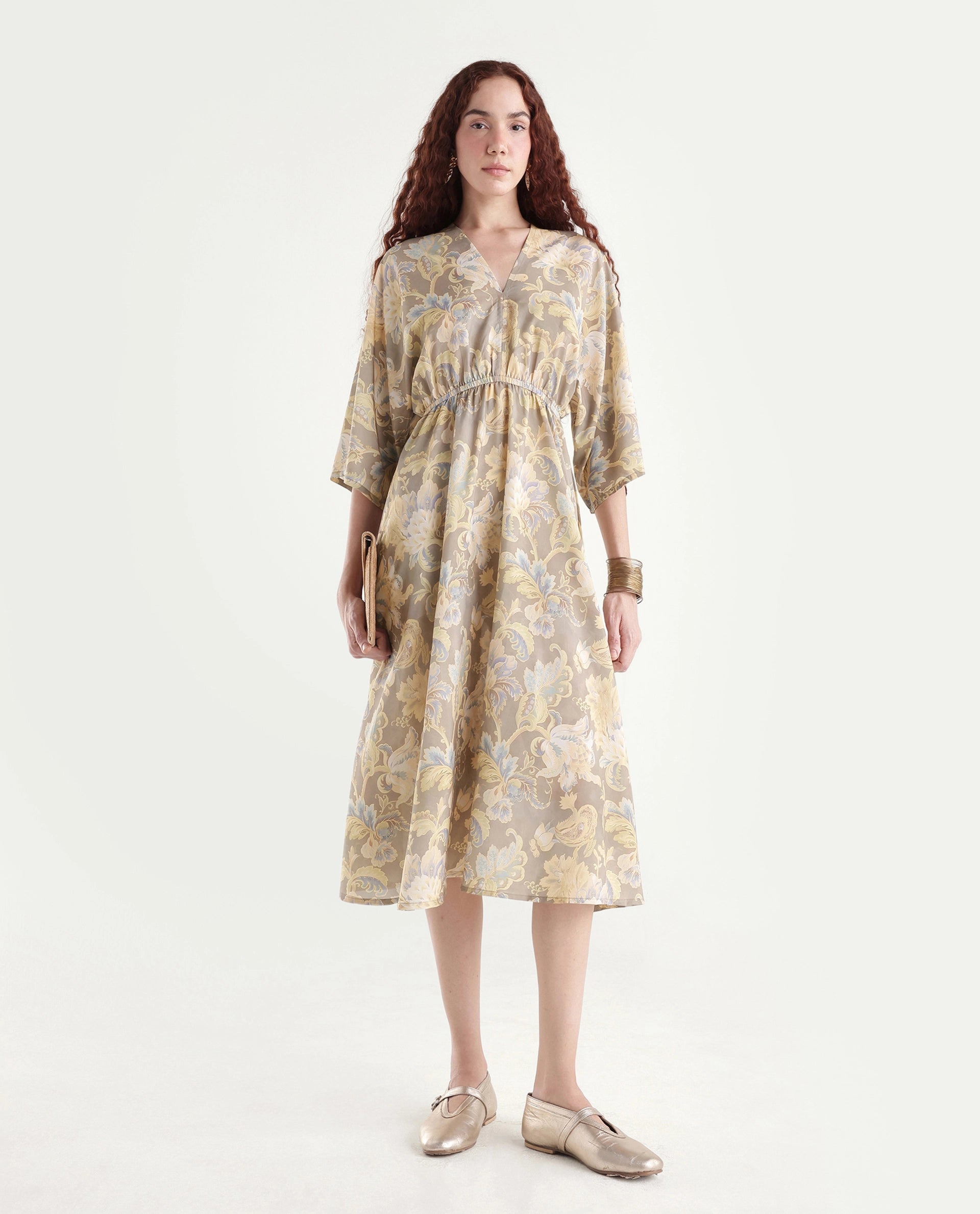 Rareism Women's Ronboh Dark Green Polyester V-Neck Floral Print Kimono Sleeve Knee Length Flared Dress