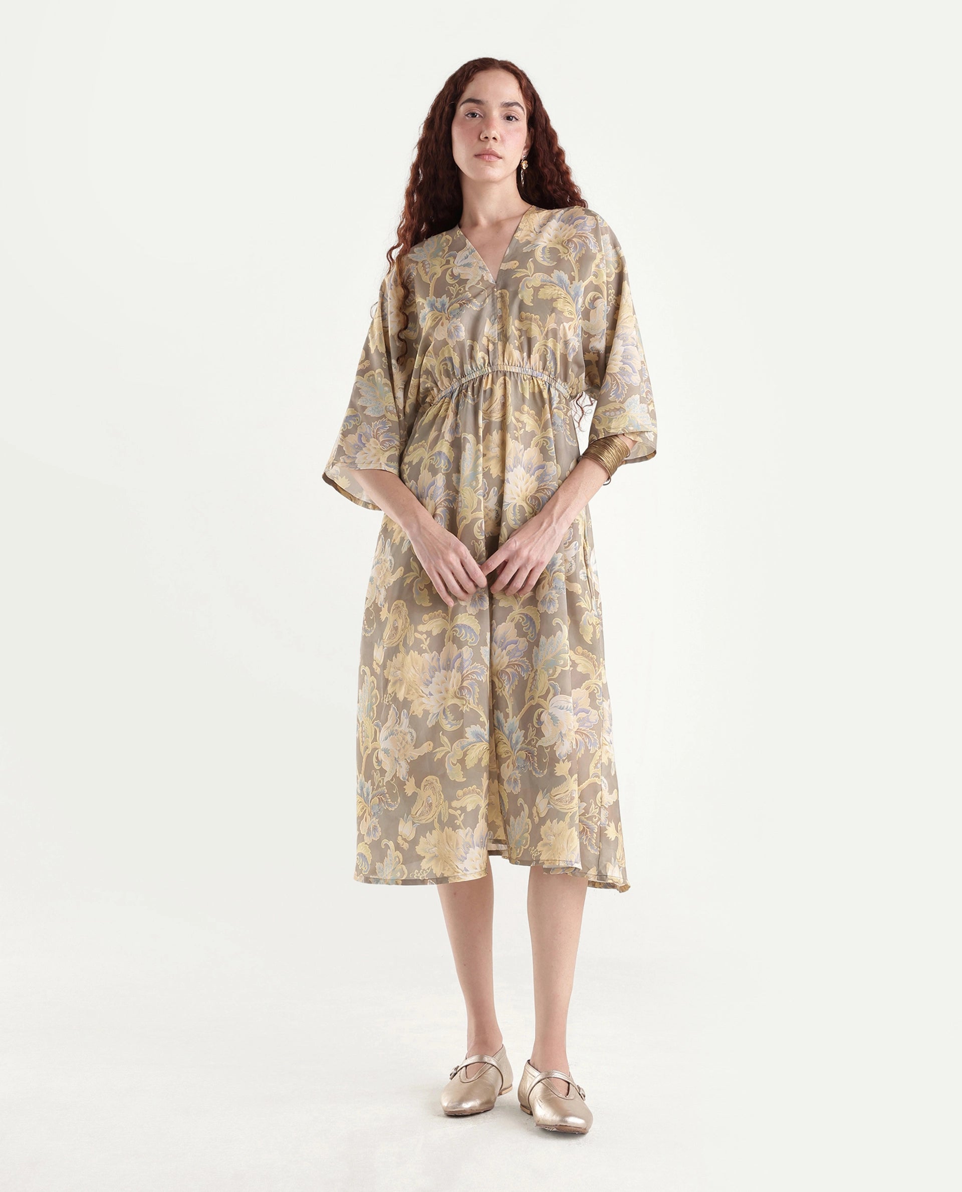 Rareism Women's Ronboh Dark Green Polyester V-Neck Floral Print Kimono Sleeve Knee Length Flared Dress