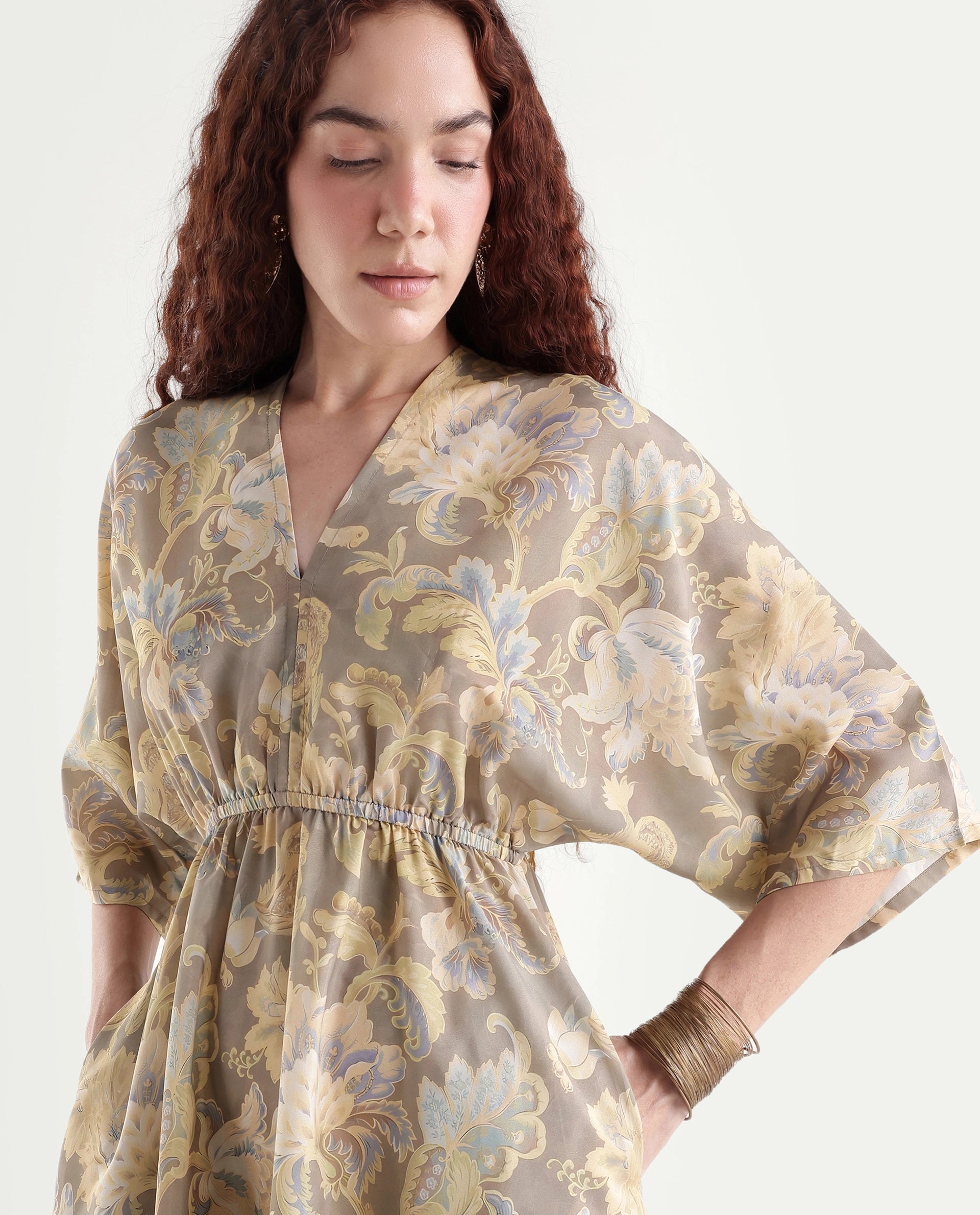 Rareism Women's Ronboh Dark Green Polyester V-Neck Floral Print Kimono Sleeve Knee Length Flared Dress