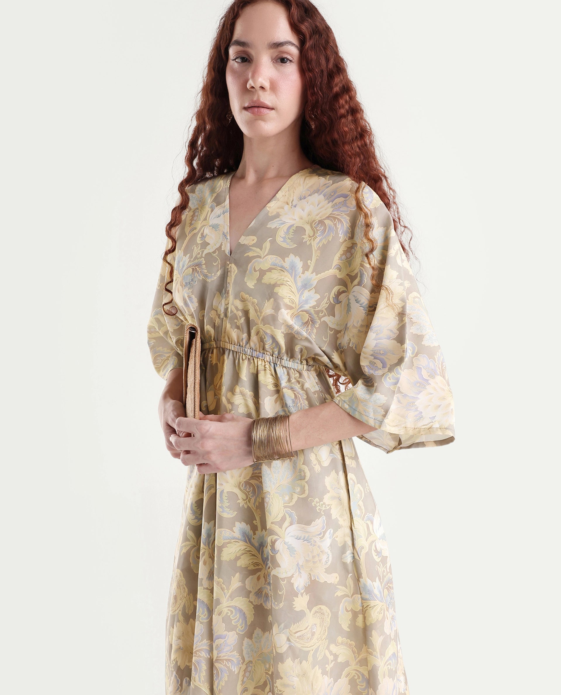 Rareism Women's Ronboh Dark Green Polyester V-Neck Floral Print Kimono Sleeve Knee Length Flared Dress