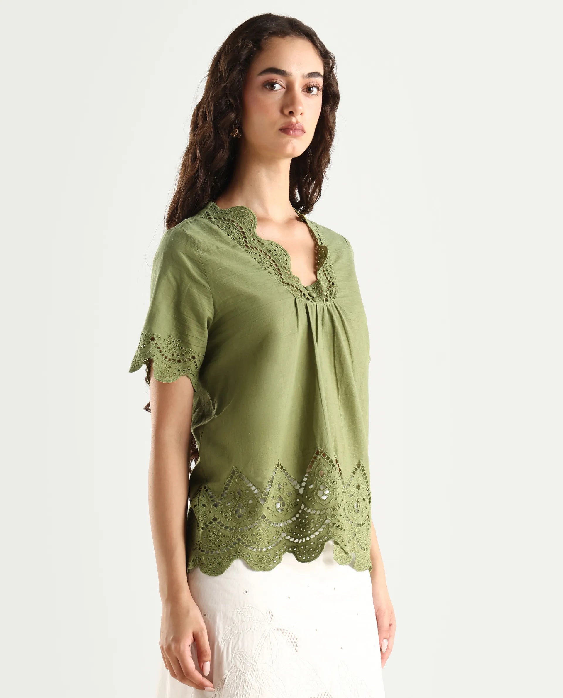 Rareism Women's Rone Green Cotton V-Neck Schiffli Regular Fit Top