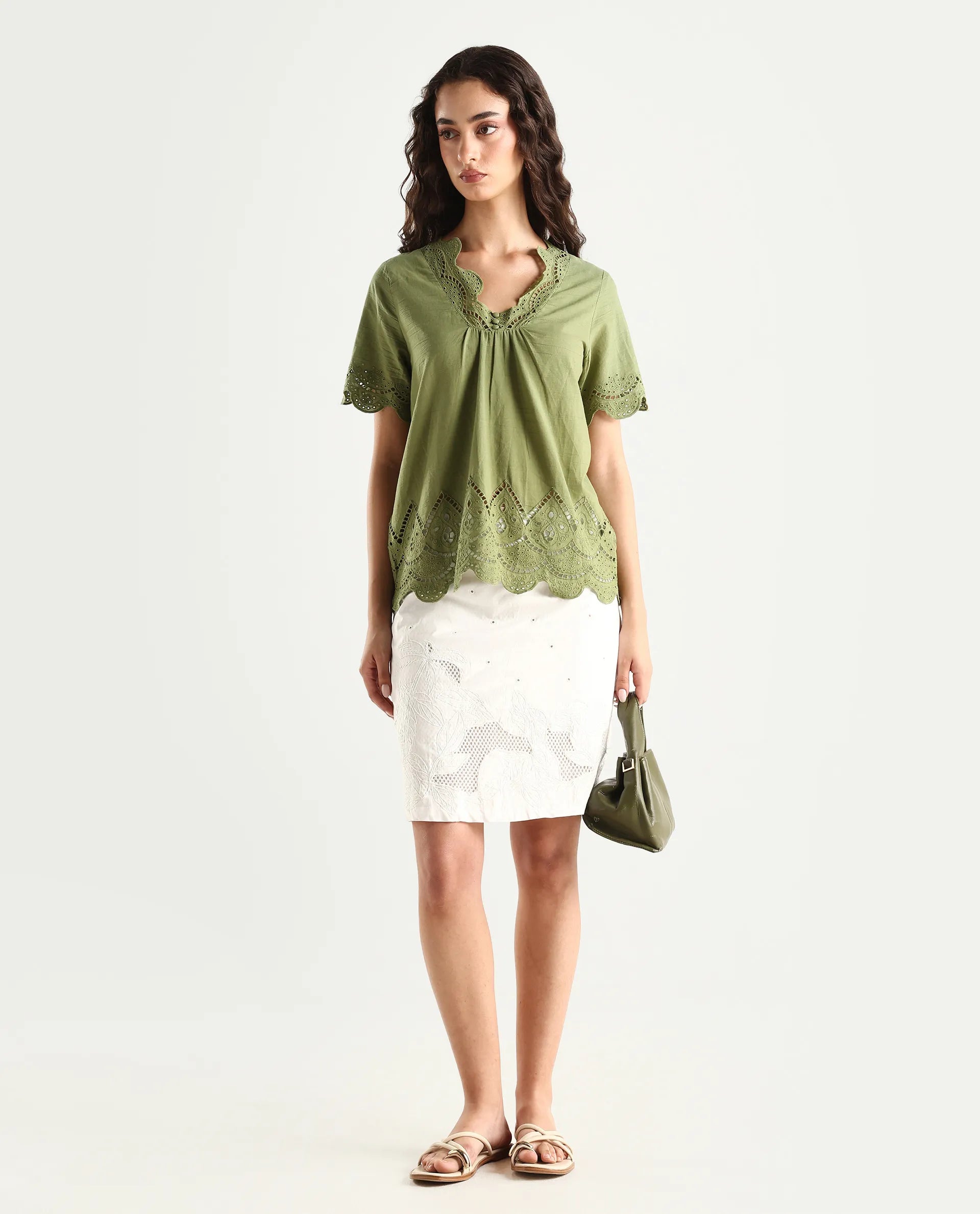Rareism Women's Rone Green Cotton V-Neck Schiffli Regular Fit Top