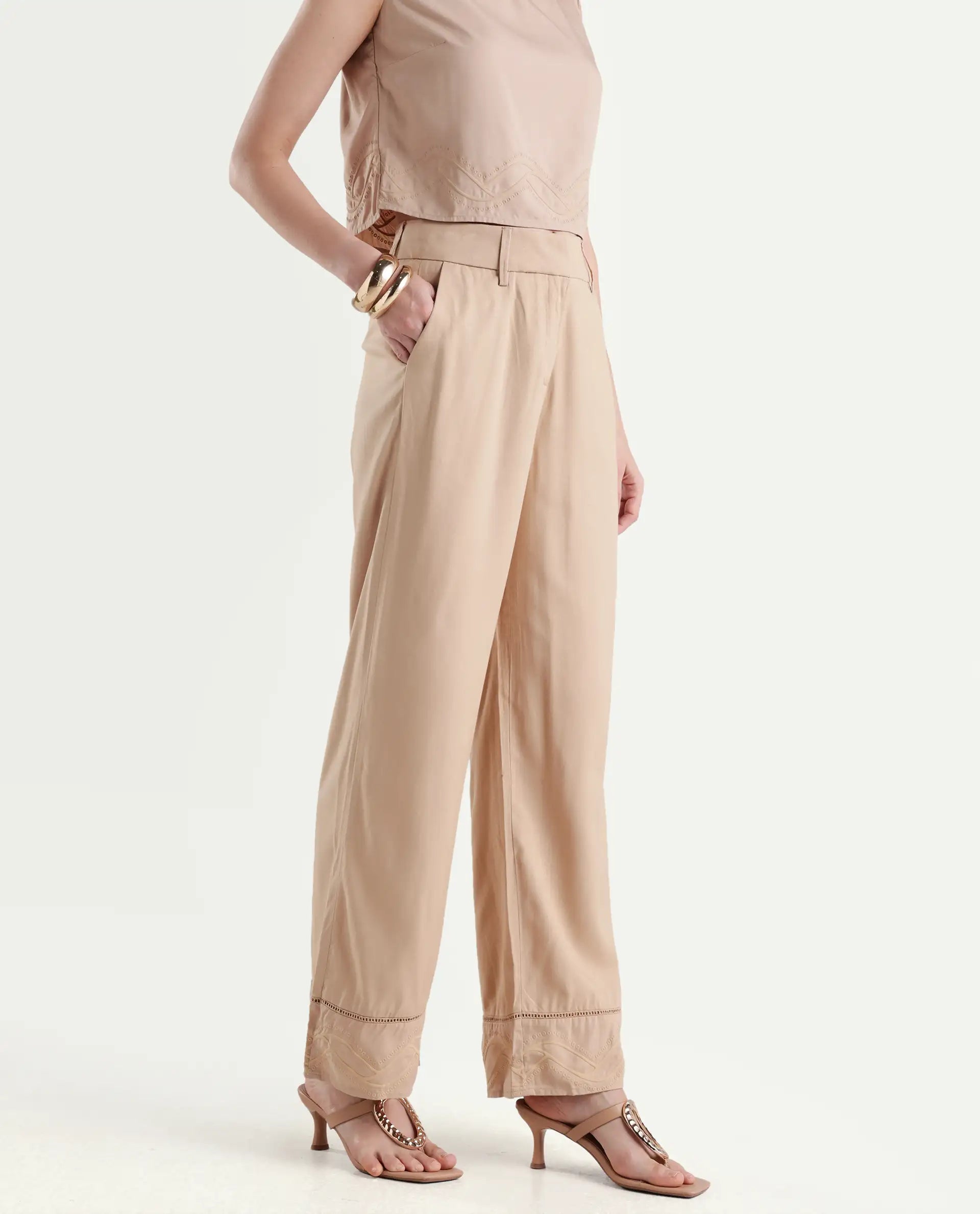 Rareism Women's Roneshif B Beige Viscose Plain Ankle Length Straight Fit Trouser