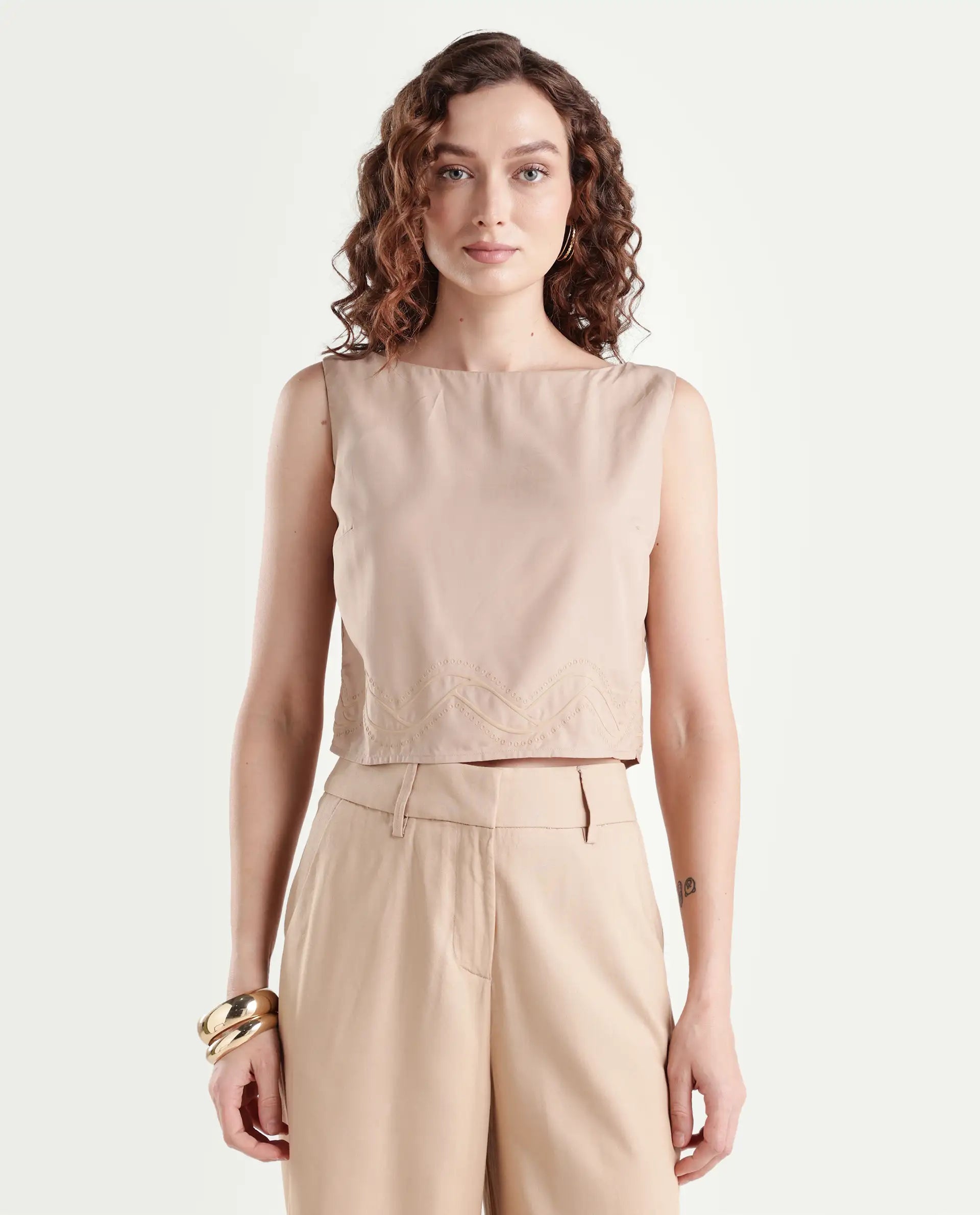 Rareism Women's Roneshif T Beige Viscose Round Neck Plain Sleeveless Crop Regular Fit Top