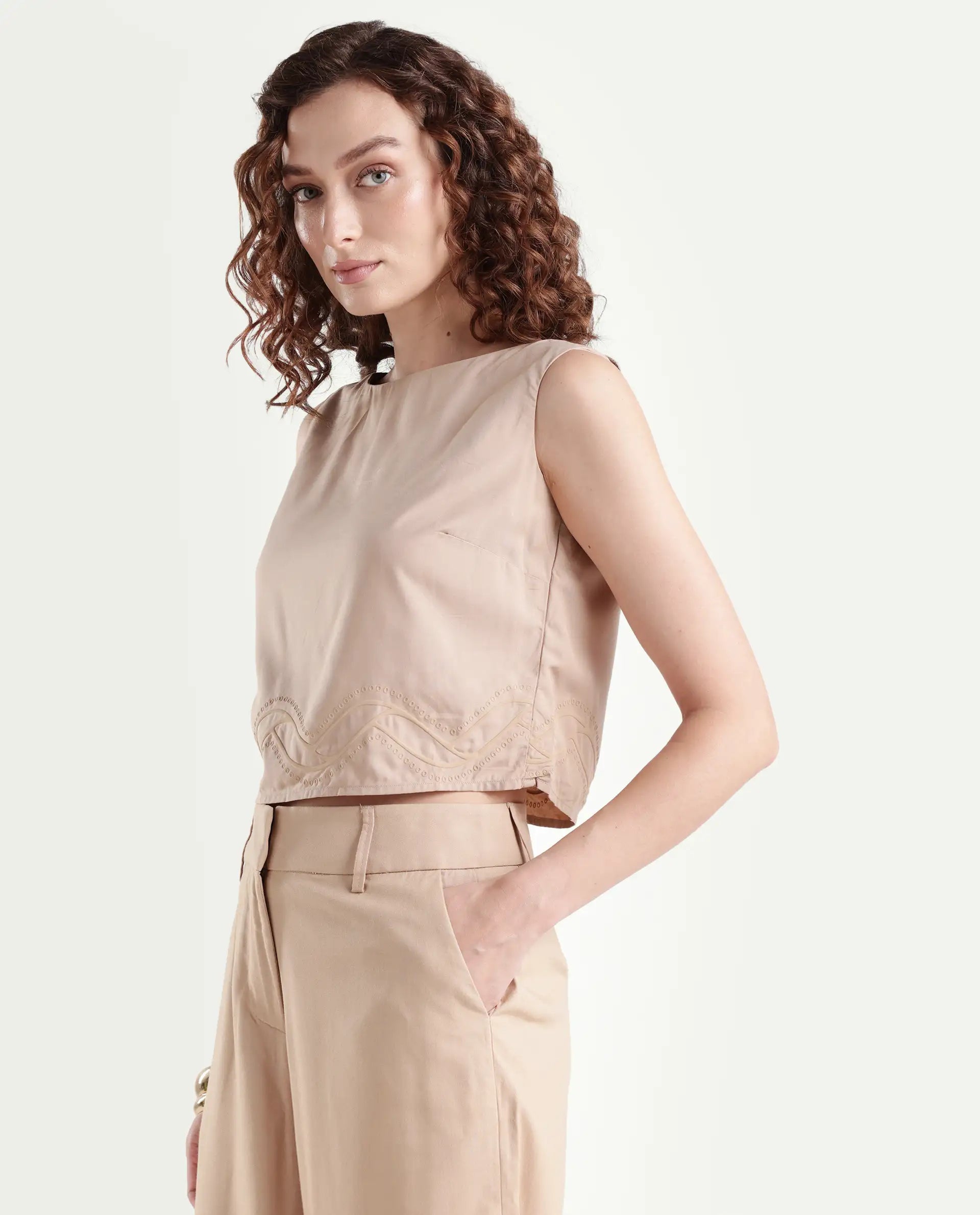 Rareism Women's Roneshif T Beige Viscose Round Neck Plain Sleeveless Crop Regular Fit Top