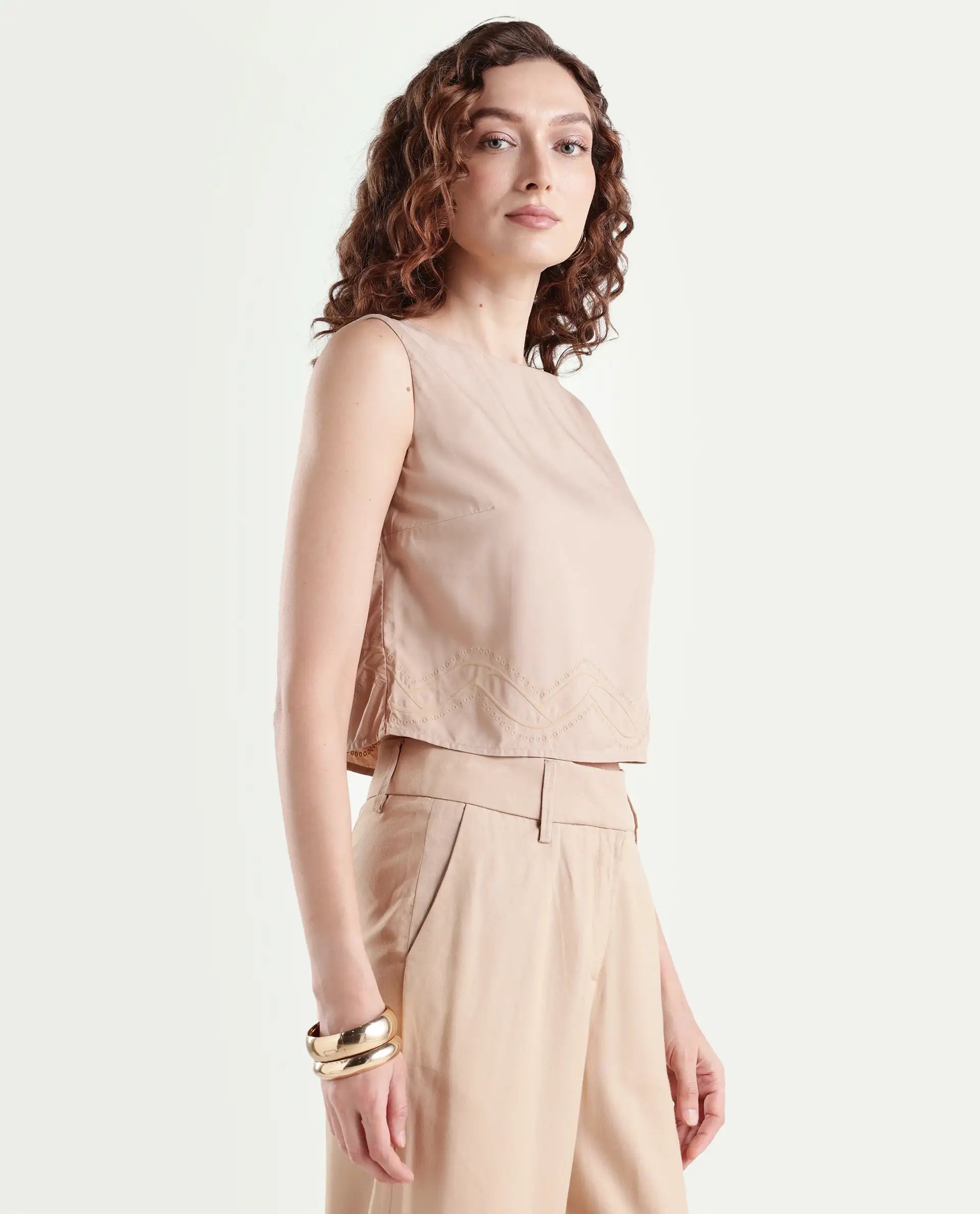 Rareism Women's Roneshif T Beige Viscose Round Neck Plain Sleeveless Crop Regular Fit Top
