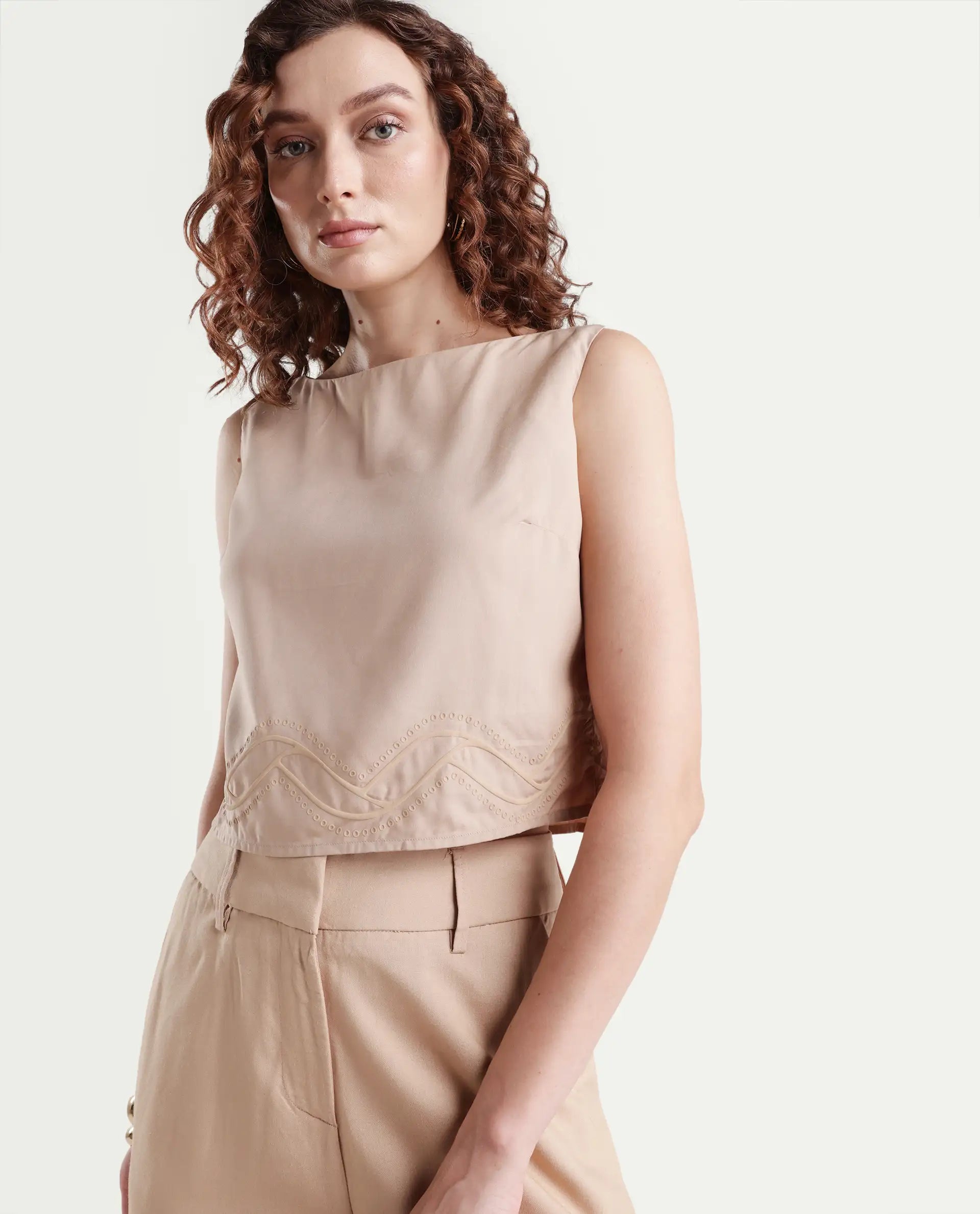 Rareism Women's Roneshif T Beige Viscose Round Neck Plain Sleeveless Crop Regular Fit Top