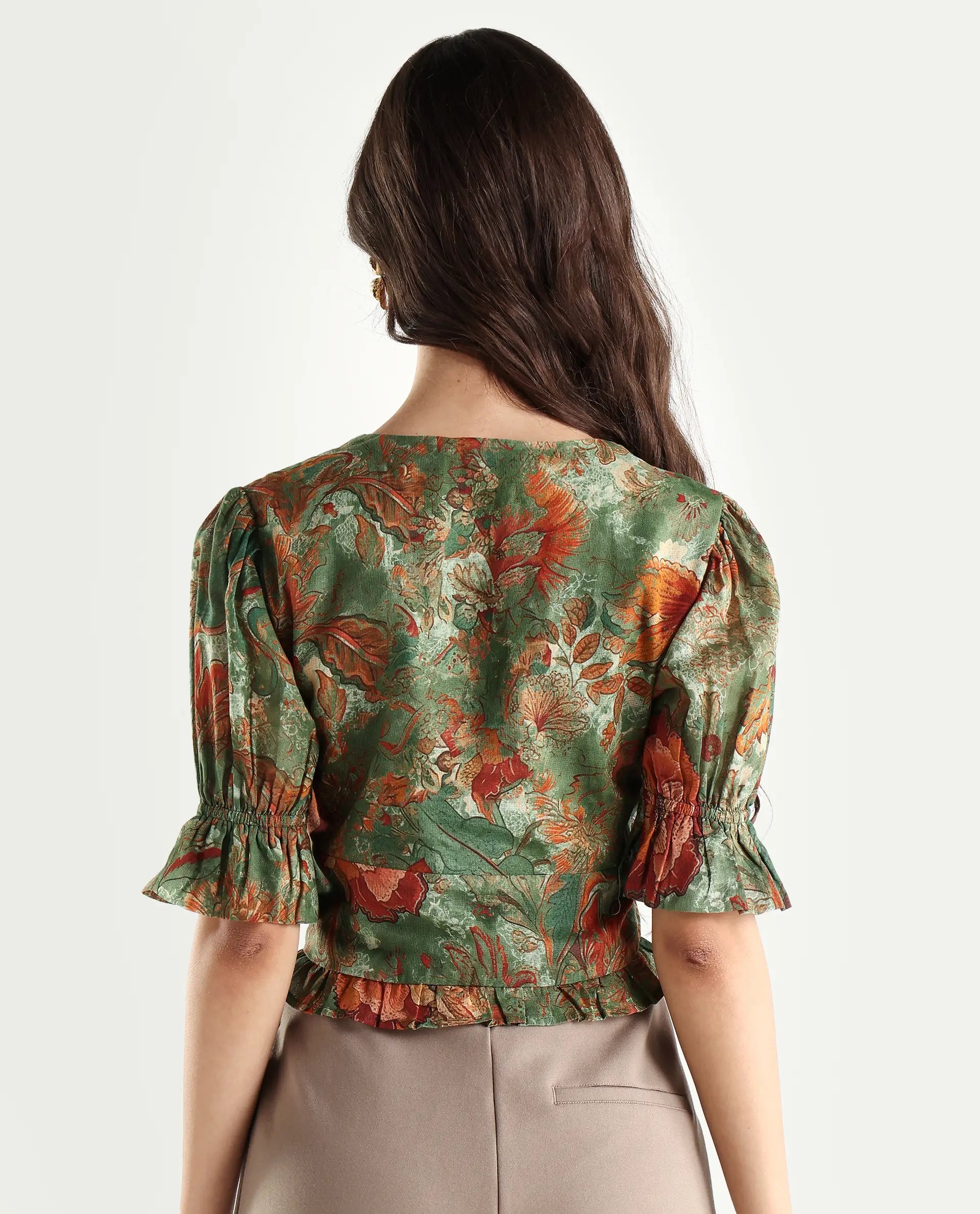 Rareism Women's Ronia Green Cotton Band Collar Abstract Print Ruffled Sleeve Crop Relaxed Fit Top