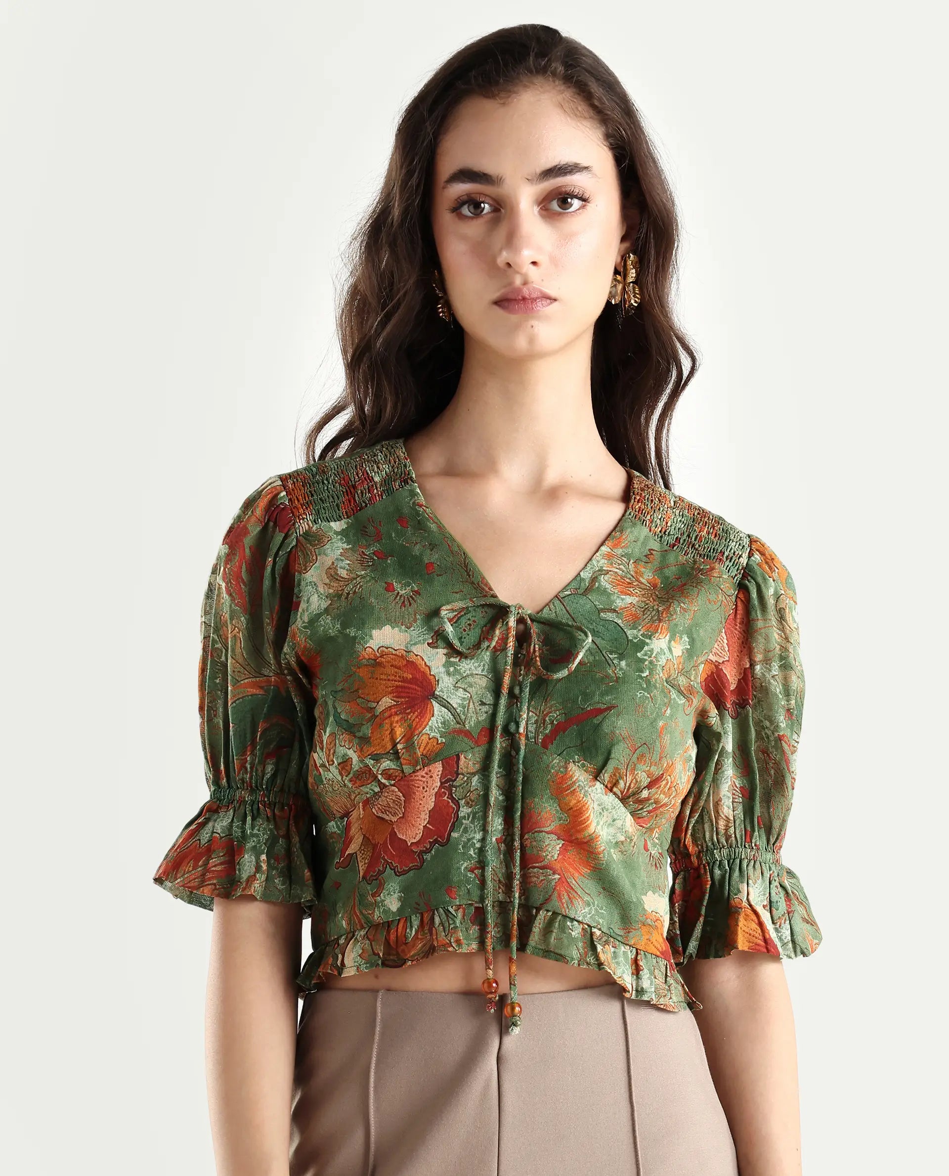 Rareism Women's Ronia Green Cotton Band Collar Abstract Print Ruffled Sleeve Crop Relaxed Fit Top