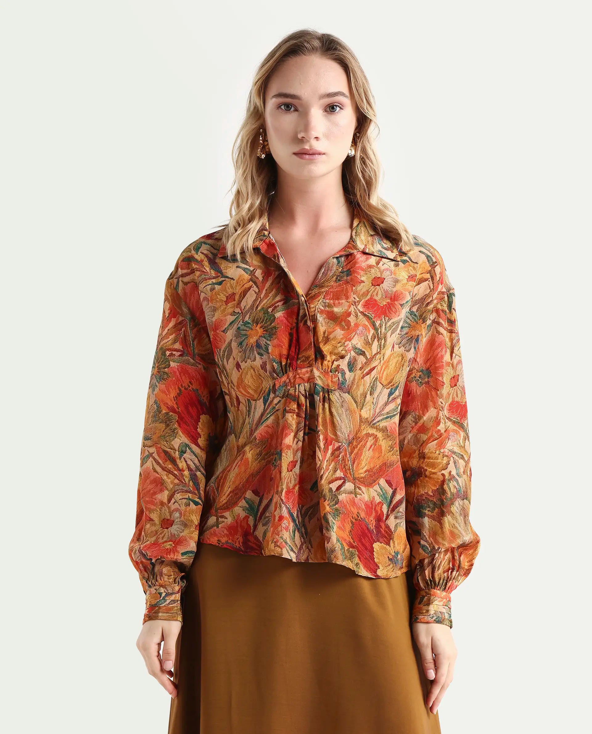 Rareism Women's Ronib Multi Viscose Collared Floral Print Bishop Sleeve Relaxed Fit Top